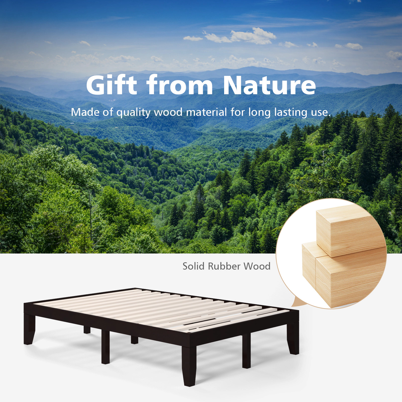 SUGIFT Brown 14 Wood Slats 14 Inch Full Size Solid Wood Platform Bed Frame
