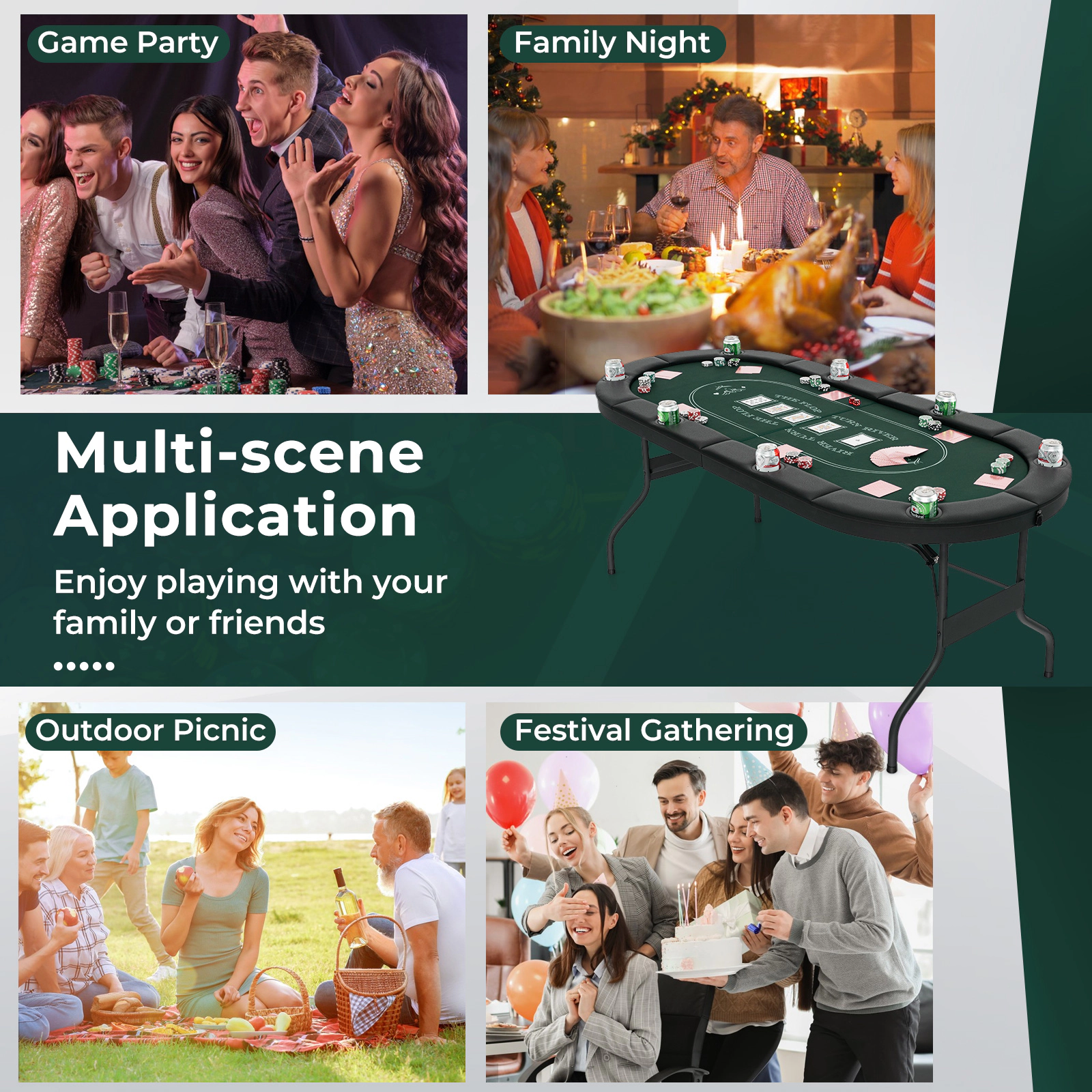SUGIFT Foldable Oval Poker Table for 8 Players with Cup Holders and PU Leather Armrests Green 72-in Long