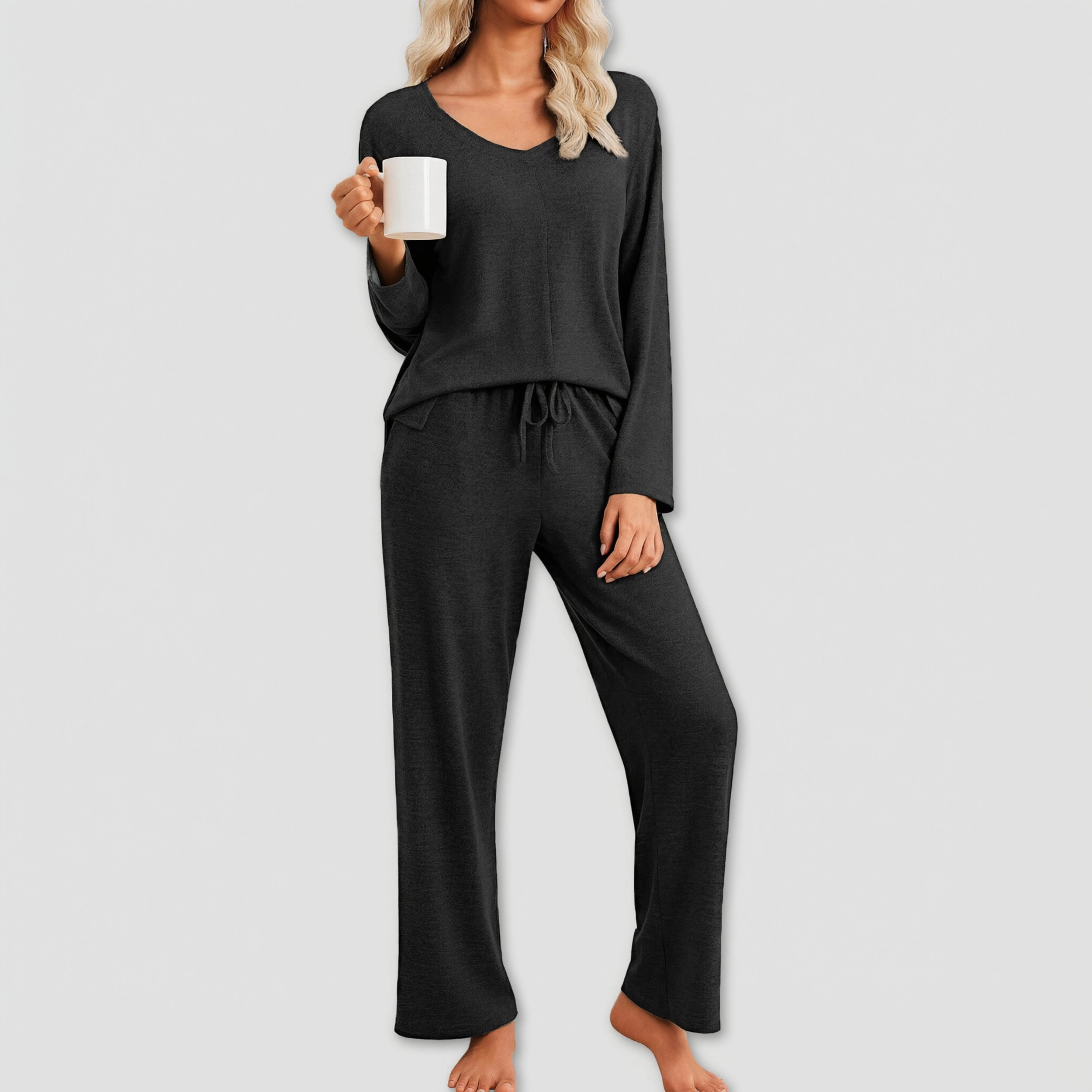 Ekouaer Women's V Neck Long Sleeve Pajama Set with Drawstring Pants