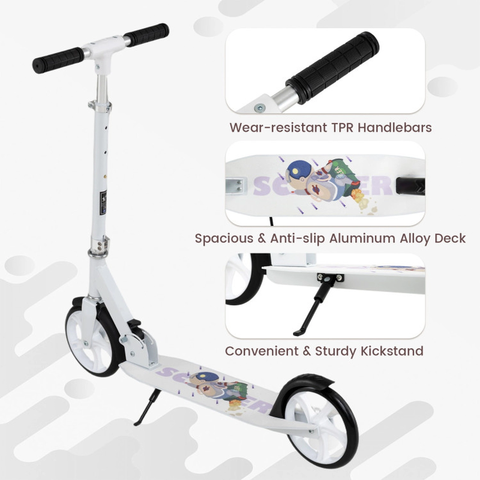 SUGIFT White Folding Kick Scooter, 220 lb Capacity, 8 in PU Wheels, Adjustable 3-Height Handlebar