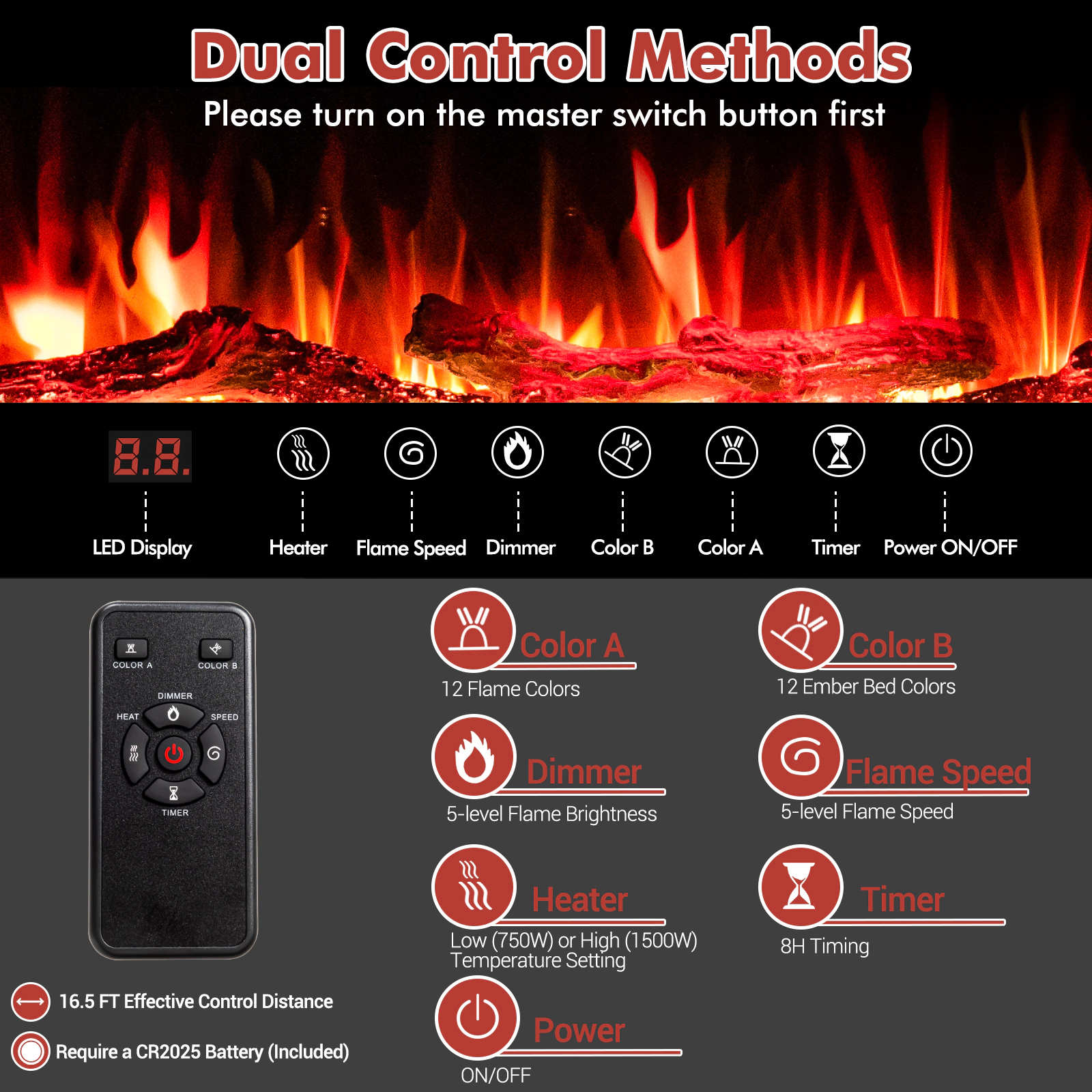 SUGIFT 60-Inch Wall-Mounted and Recessed Electric Fireplace with 12 Flame Colors Black