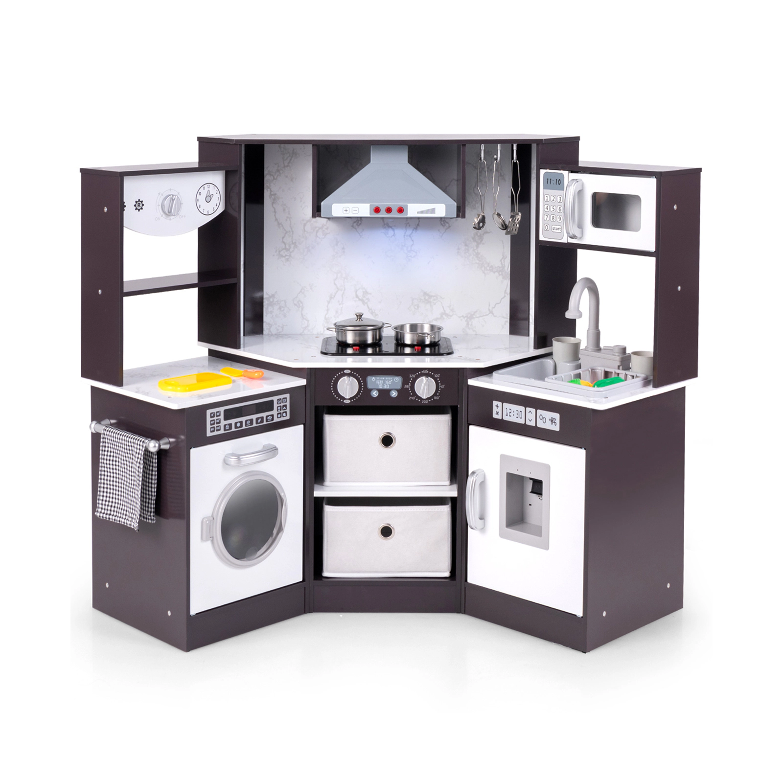 LJG Wooden Kids Play Kitchen Playset with Realistic Lights and Sounds