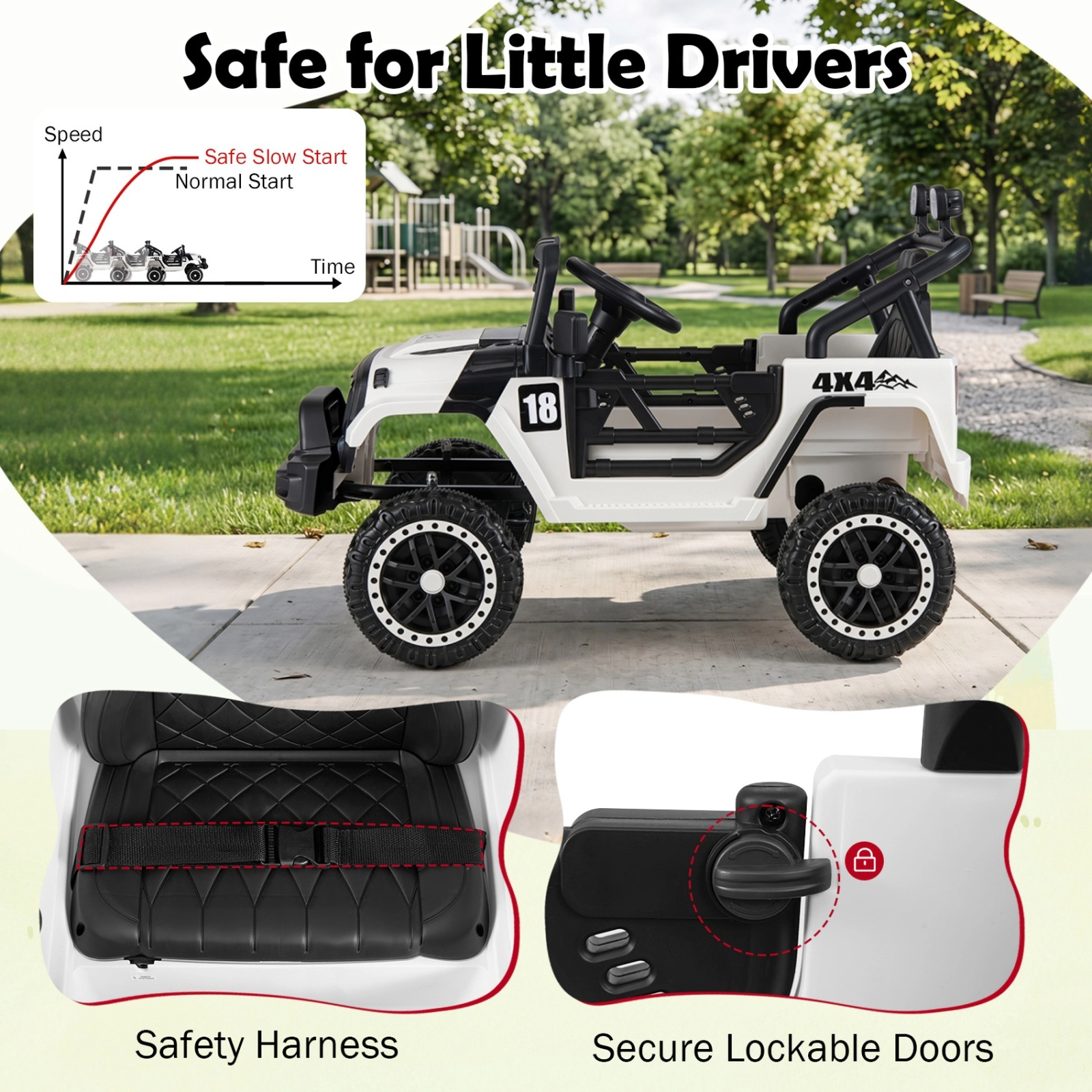 12V Kids Ride On Truck Parent Remote 3 Speeds Adjustable Harness Lockable Doors and 4-Wheel Suspension Ages 3-5 Black