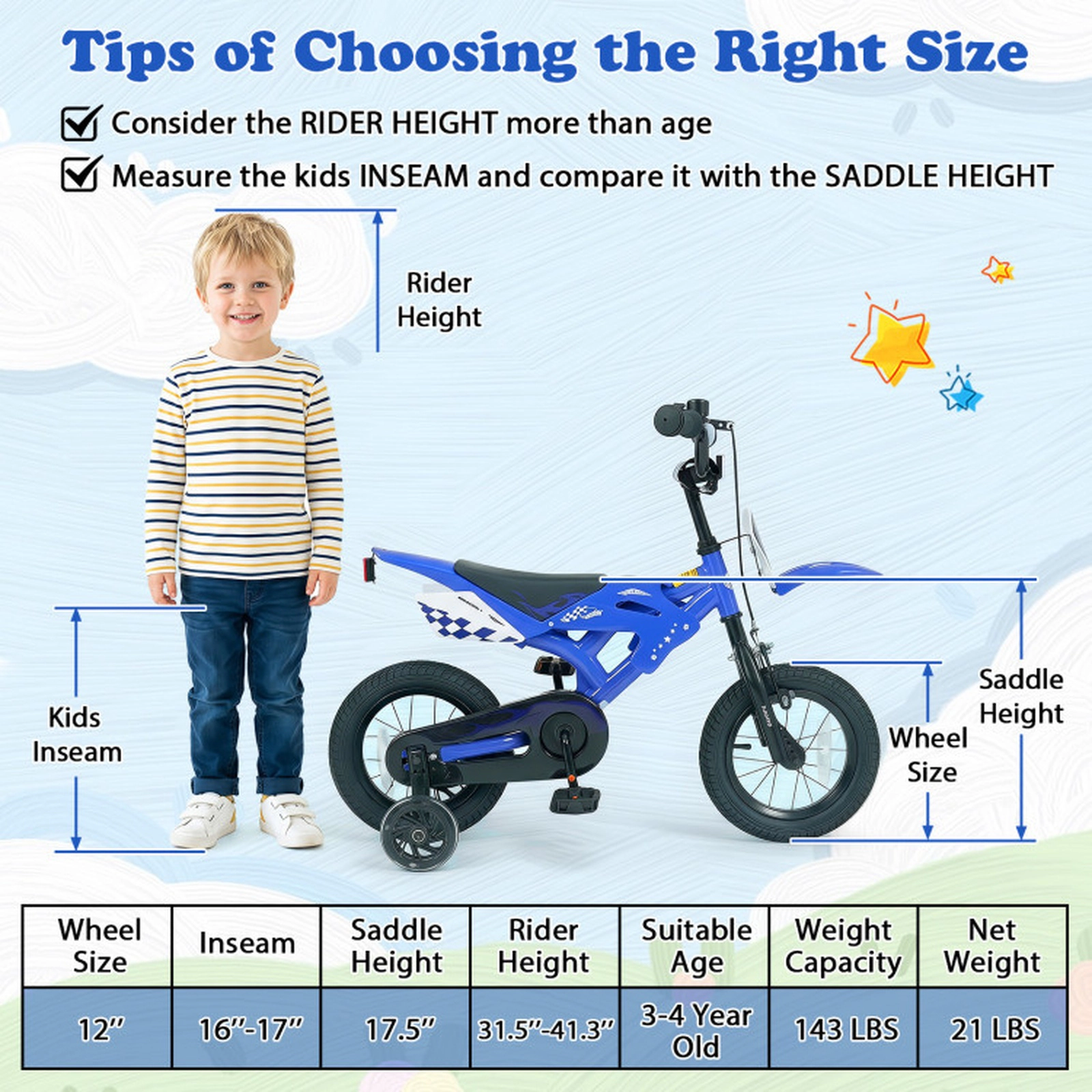 SUGIFT Motorcycle-Inspired 12-Inch Kids Bicycle with Training Wheels 143-lb Capacity Ages 3-4 Years Blue