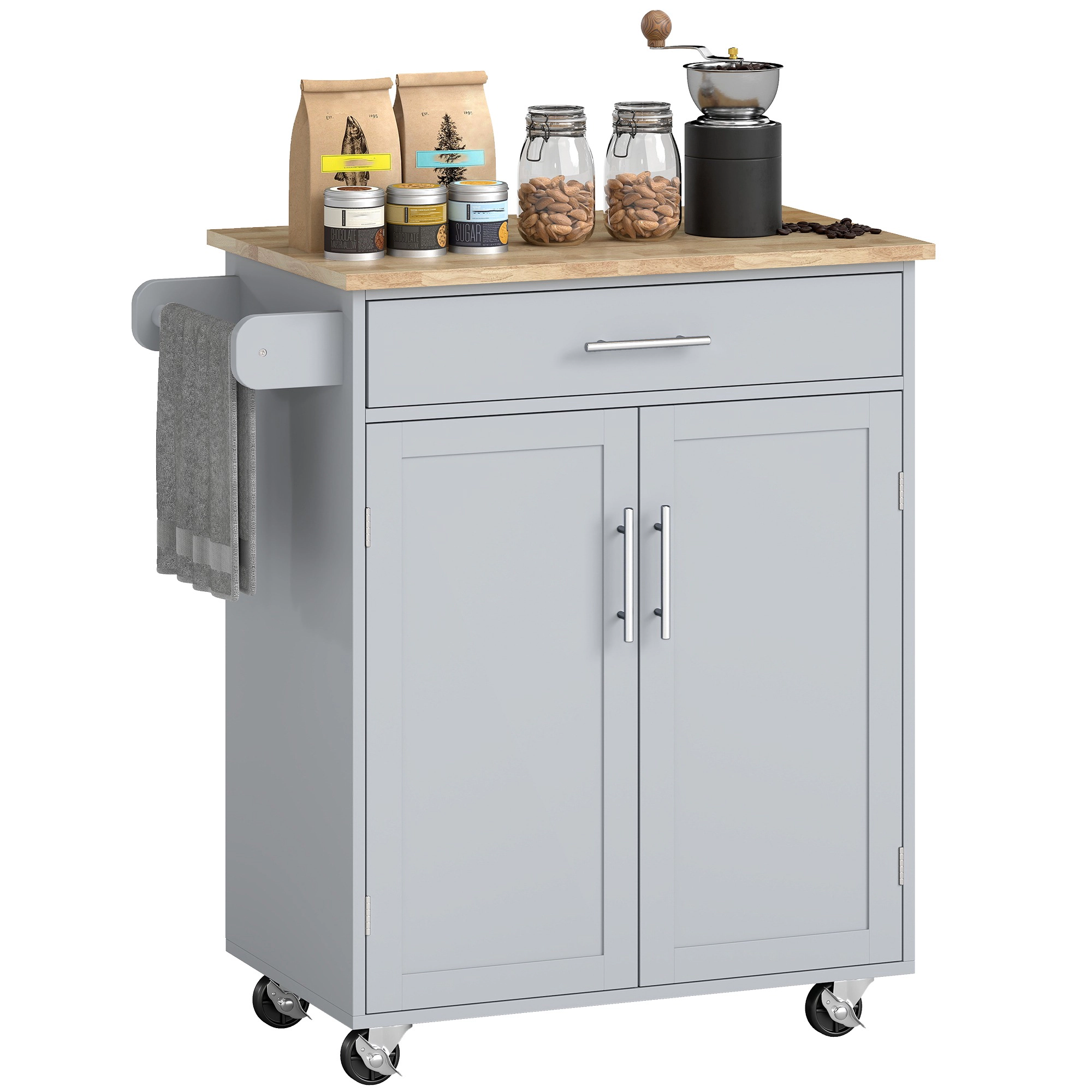 HONGGE Kitchen Island Cart Rolling Table with Solid Wood Top Trolley Drawer Storage Cabinet & Towel