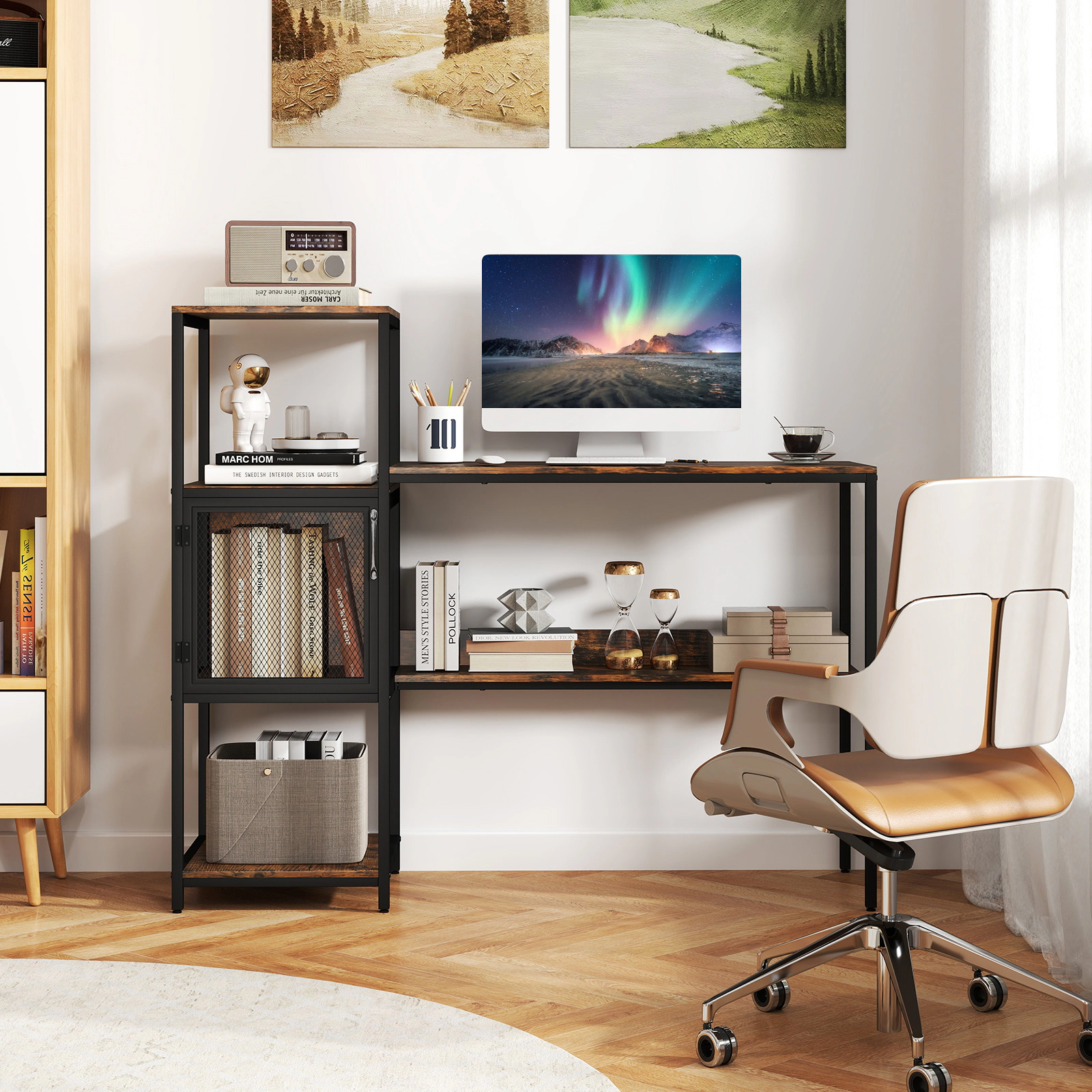 LJG Computer Desk with Bookshelf Home Office Desk with Storage Cabinet and Shelves