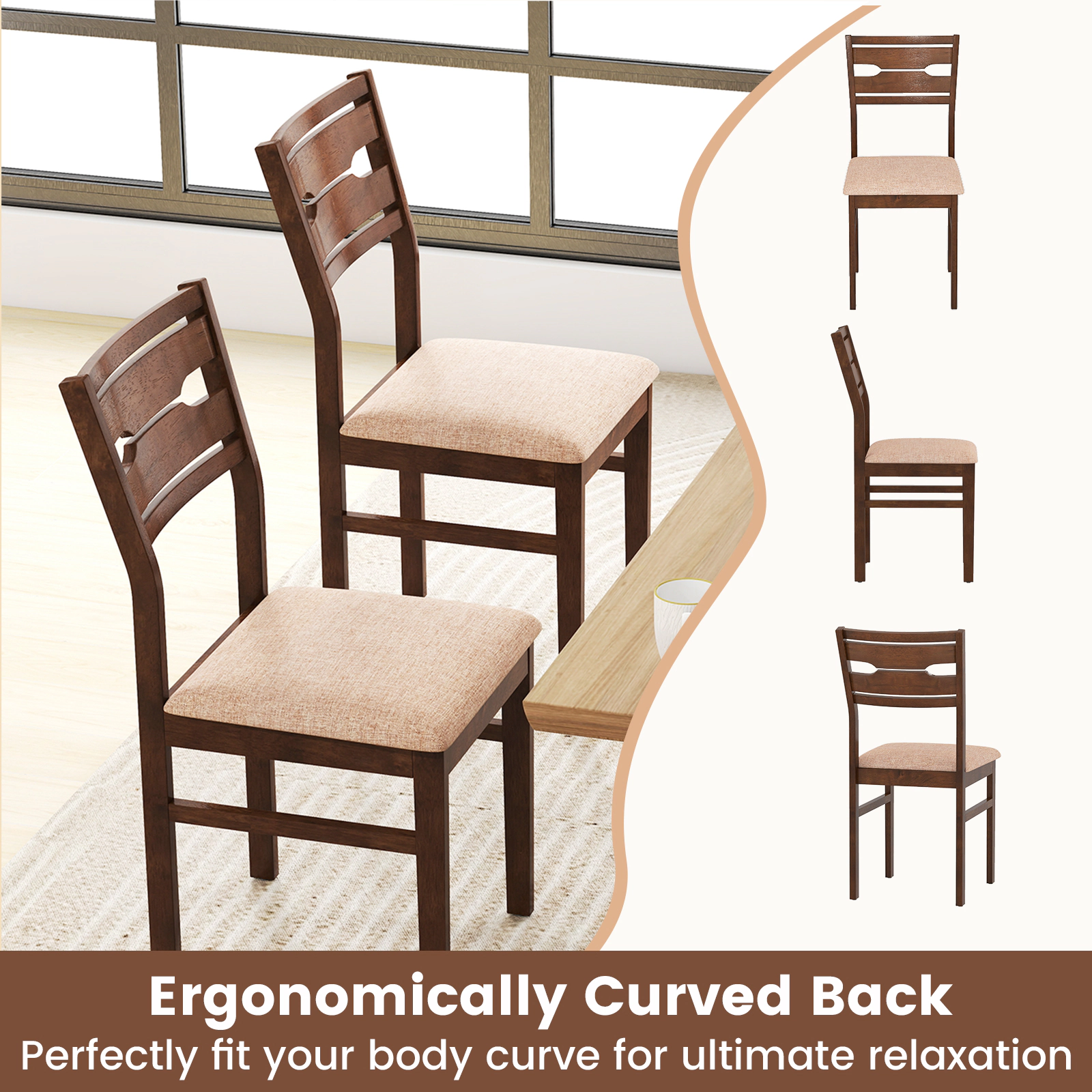 SUGIFT Rubber Wood Frame Dining Chair Set of 2 or 4 with Padded Polyester Seat 285-lb Capacity Deep Brown+Light Brown