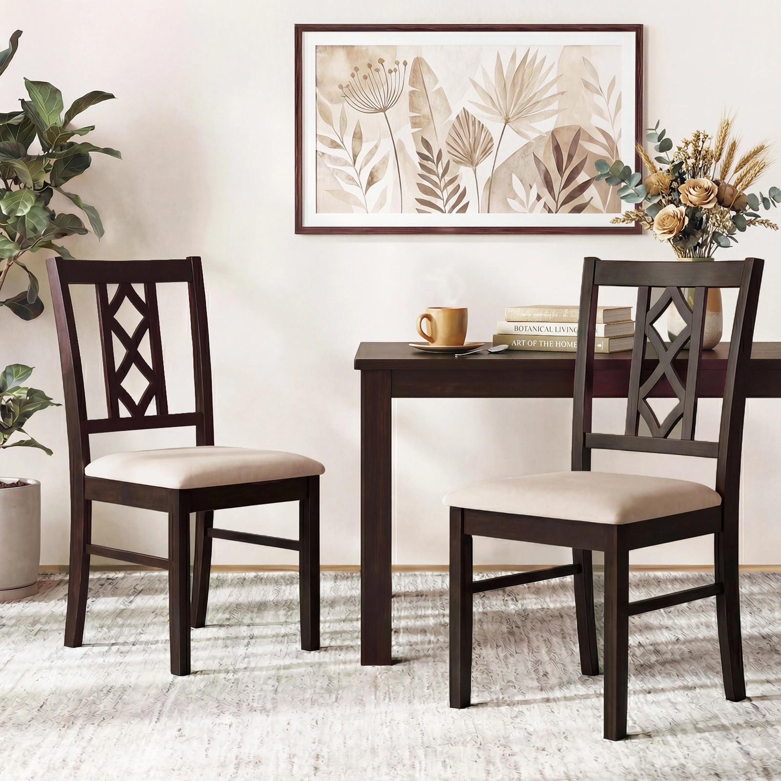 SUGIFT Set of 2 Rubber Wood Dining Chairs with Hollowed Backrest 330-lb Capacity 19-in Seat Height Walnut
