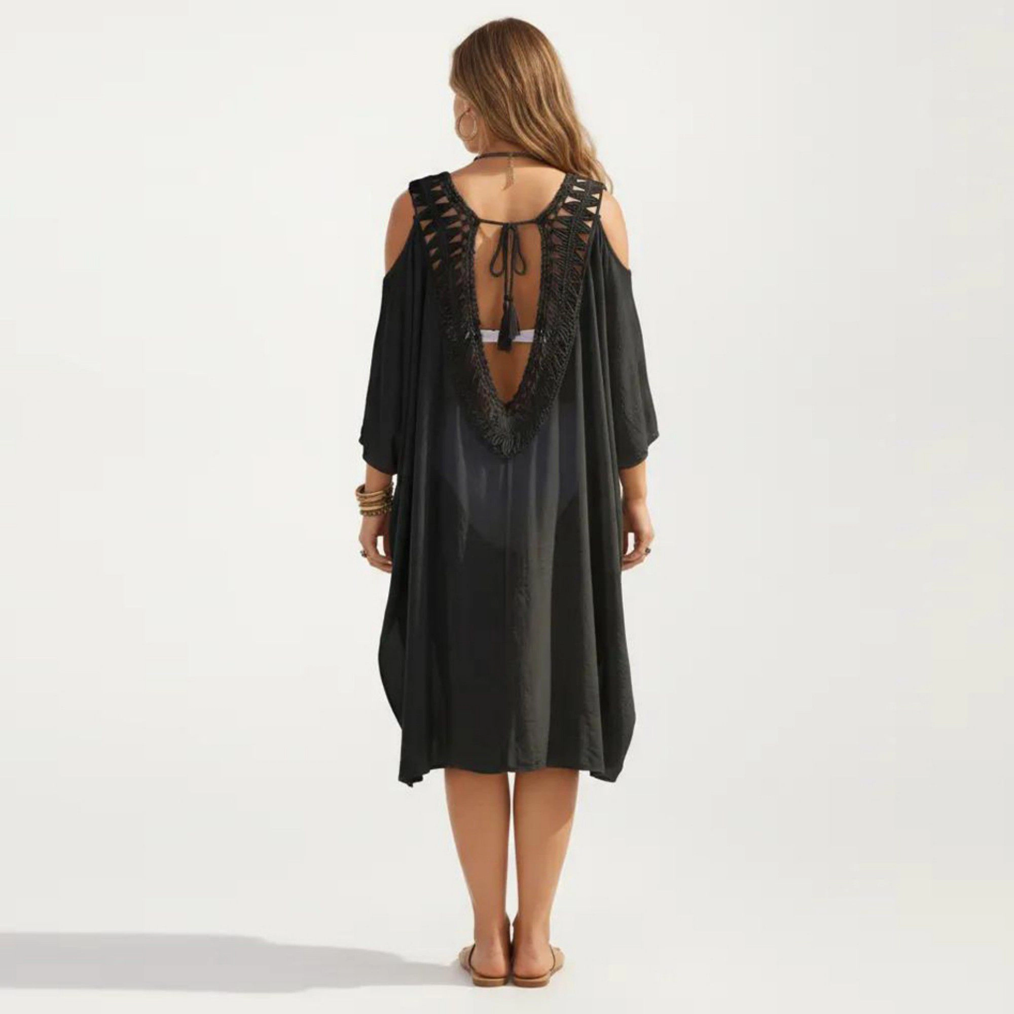 Anna-Kaci Women's Crochet V Neck Cold Shoulder Sleeves Relaxed Fit Swim Cover Up Dress