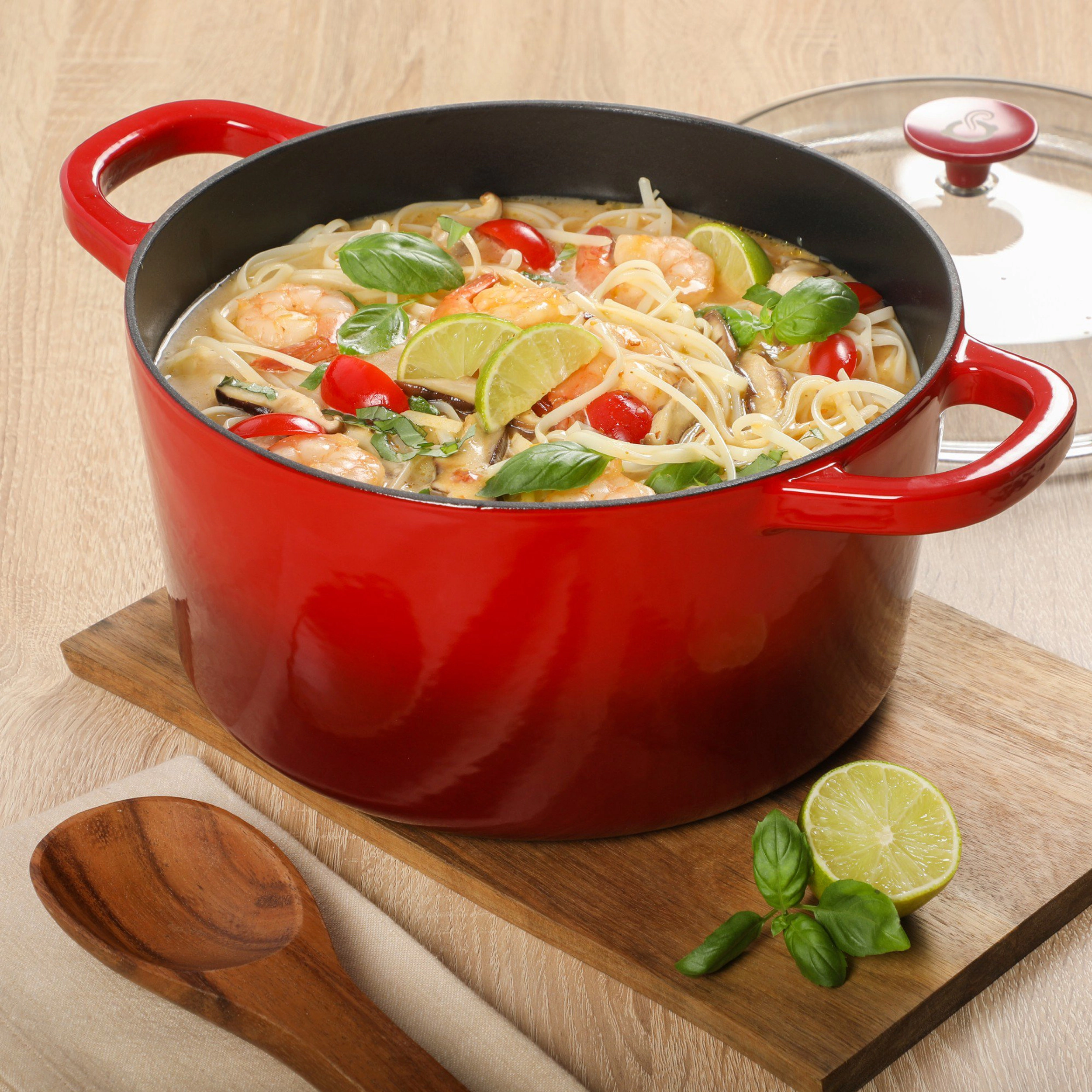 Crock Pot 3 Quart Enameled Cast Iron Dutch Oven With Borosilicate Lid in Red