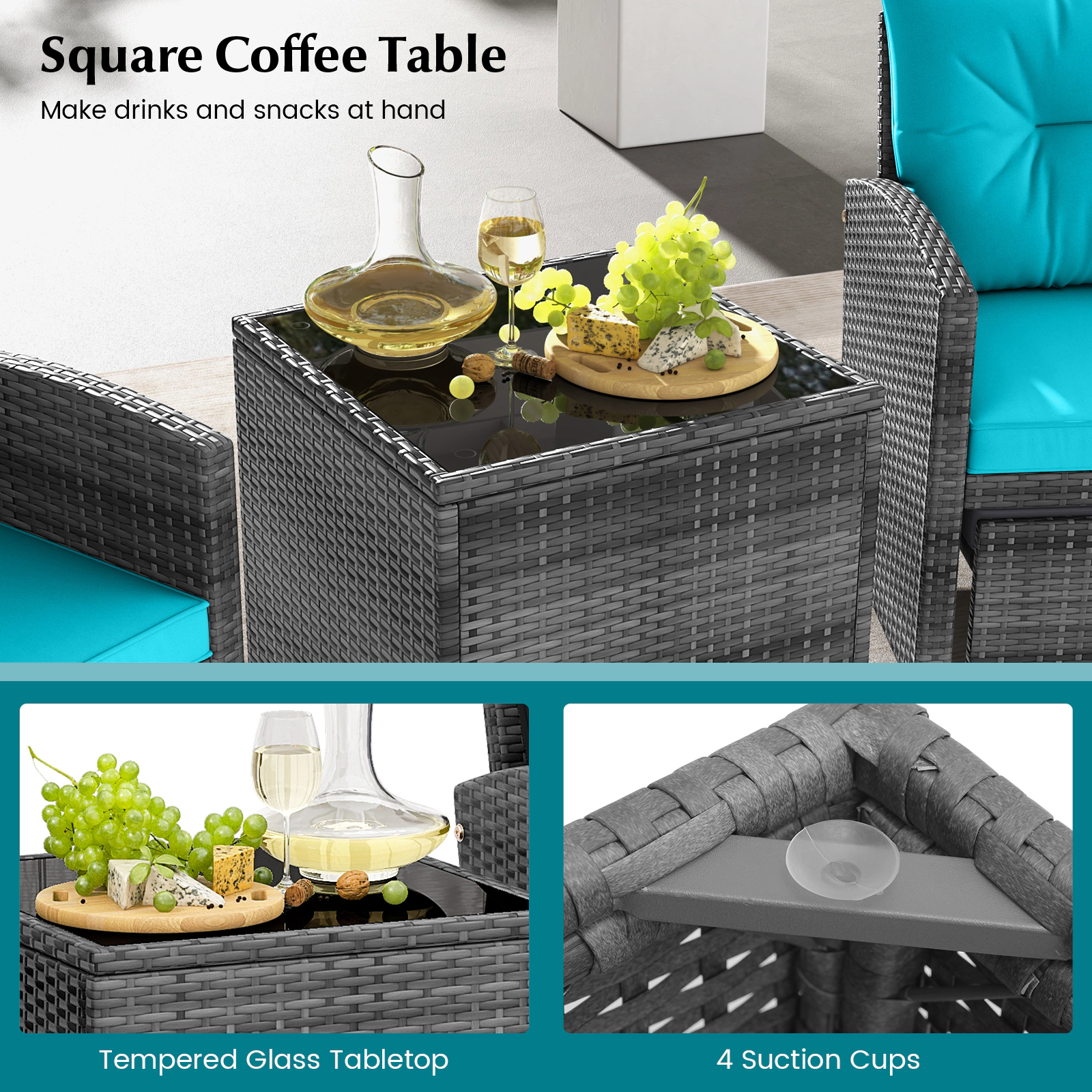 SUGIFT 2 Ottomans and Glass Top Coffee Table 5-Piece Turquoise Patio Rattan Set