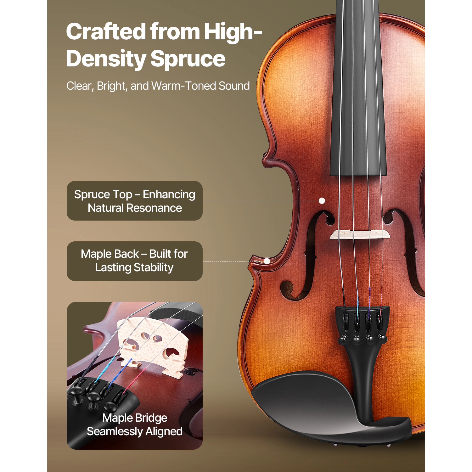 HONGGE Violin for Adults, Fiddle Set Beginners Student with Hard Case, Rosin, Bow, Shoulder Rest, Bridge