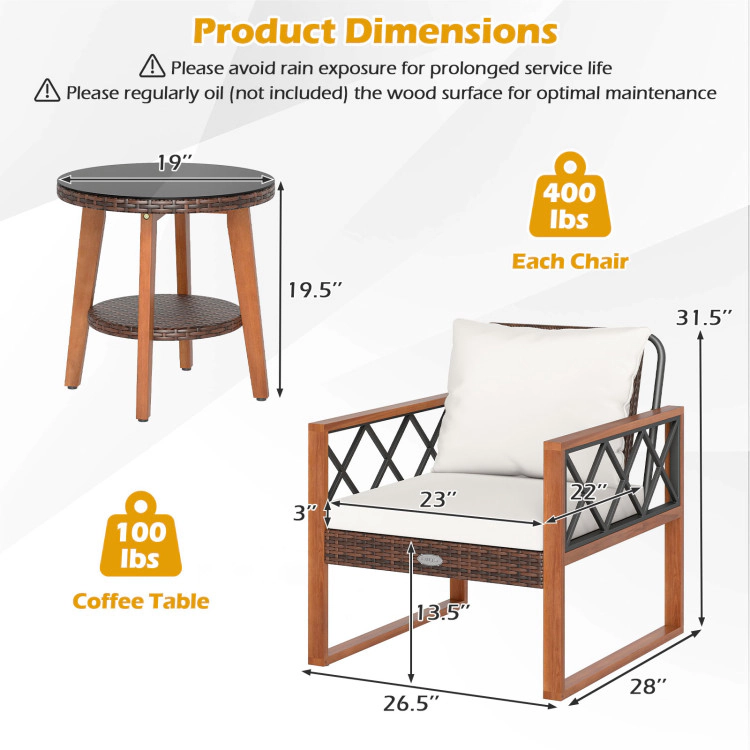 Hivvago 3 Pieces Patio Furniture Set With Tempered Glass Top Table And Soft Cushions