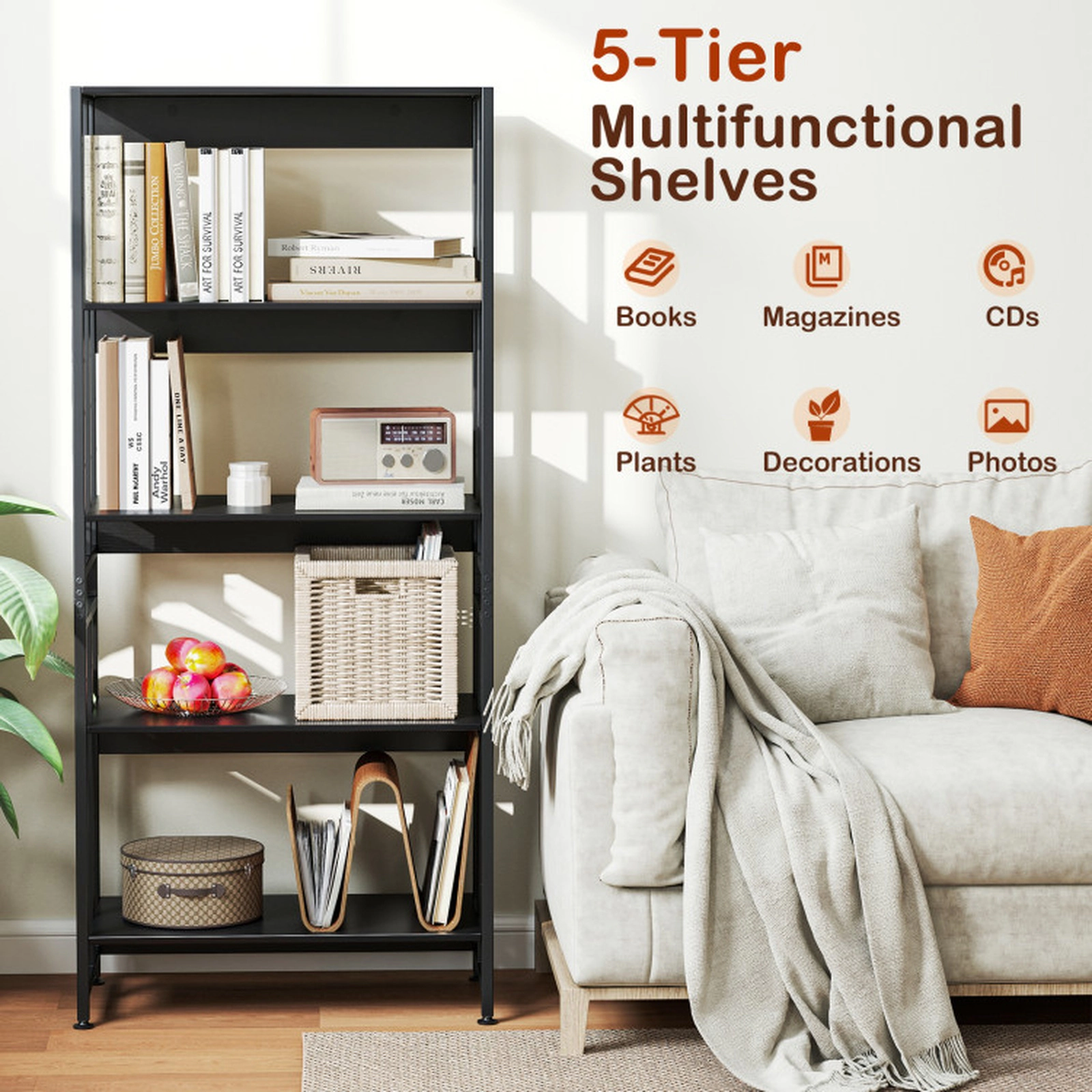 SUGIFT 5-Tier Bookshelf 62 with Reversible Tiltable and Removable Shelves
