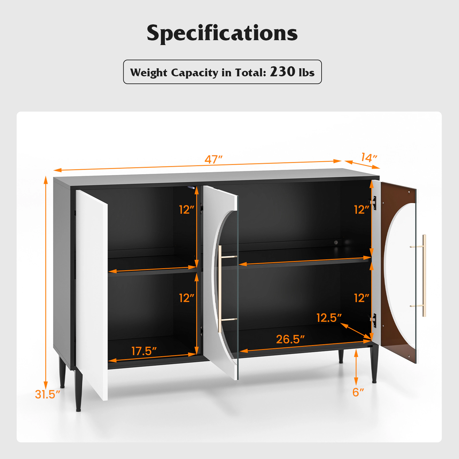 SUGIFT 47-in 230-lb Capacity White Sideboard Cabinet with Tempered Glass Doors 3-Position Shelves and Metal Legs