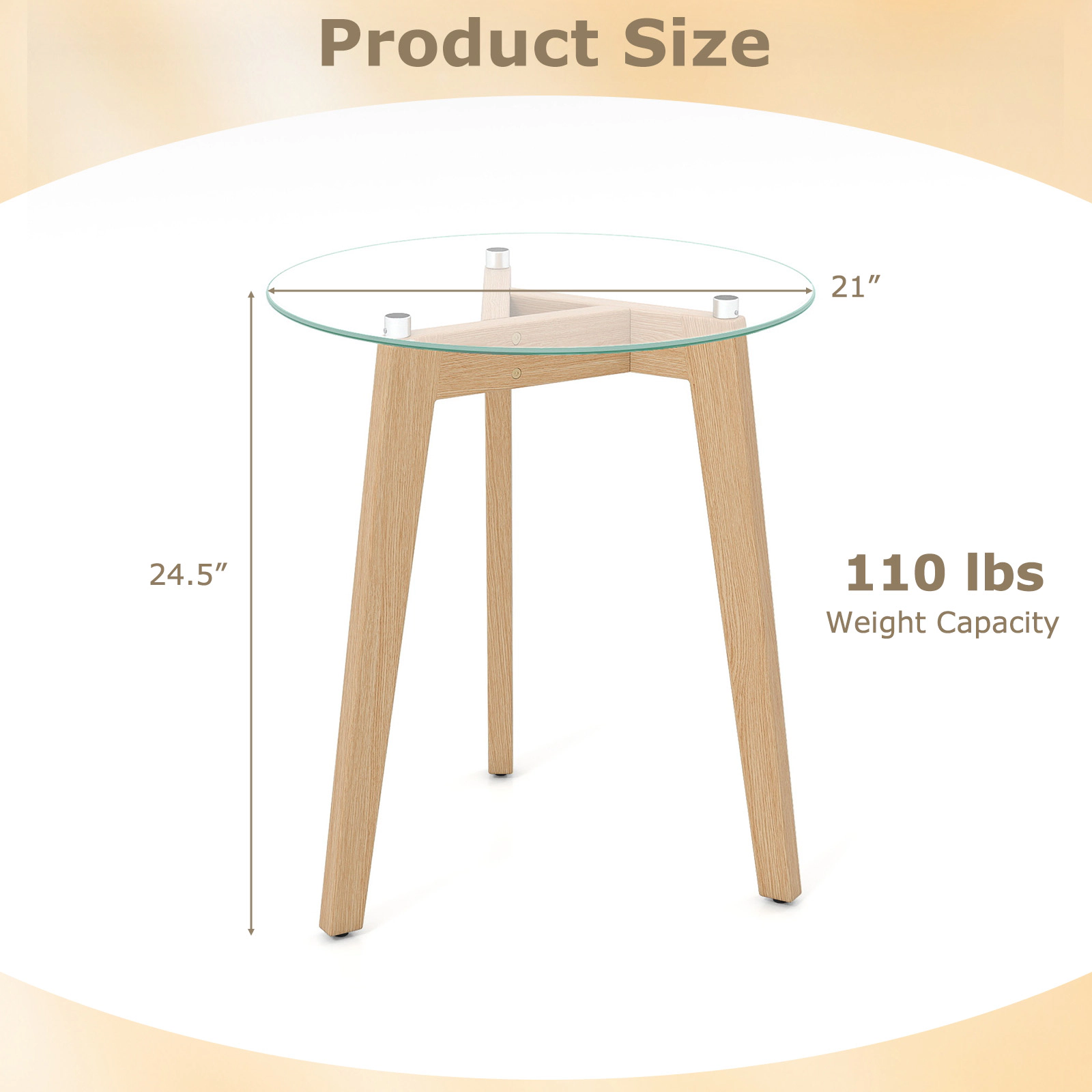 Glintex Round Tempered Glass End Table with Solid Rubber Wood Legs and Anti-Slip Discs, Transparent