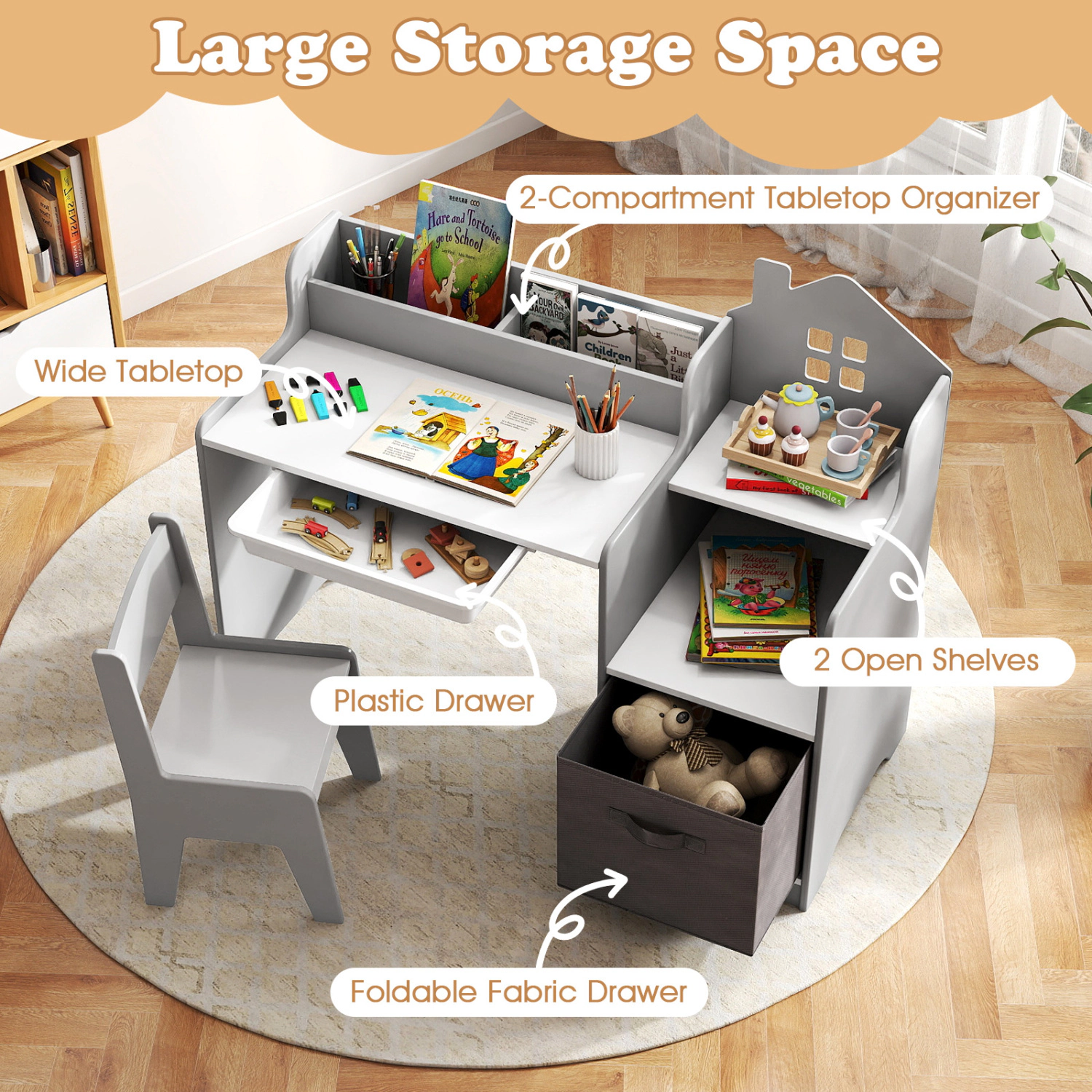 Hivvago Kids Study Desk And Chair Set With Open Shelves Drawer Fabric Storage Bin