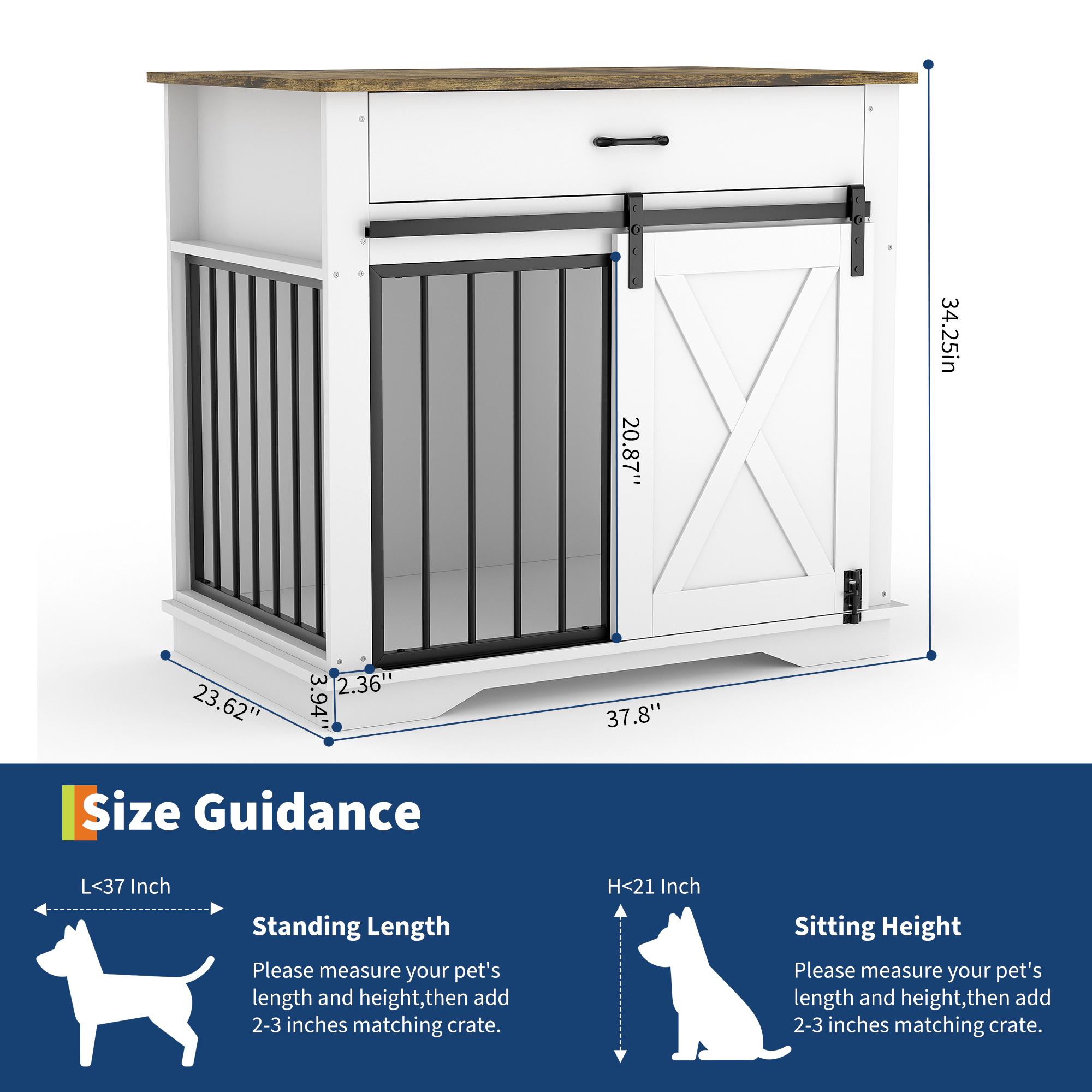 38" Farmhouse Style Dog Crate Furniture with Sliding Barn Door, Storage Drawer & Pet Cage Side Table