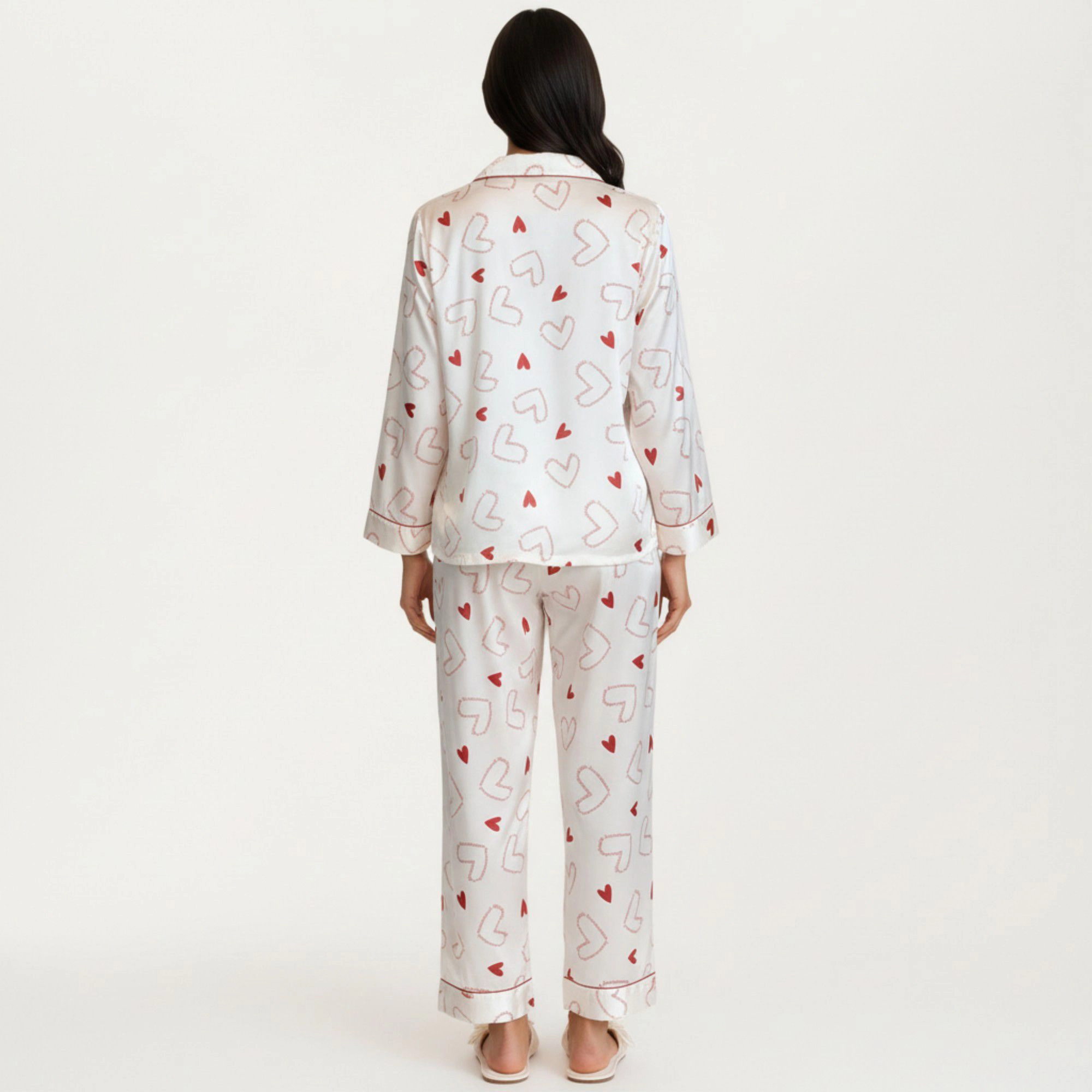 Anna-Kaci Women's 2-Piece Valentine Heart Print Satin Button Front Pajama Top Contrast Piping and Relaxed Fit Pants