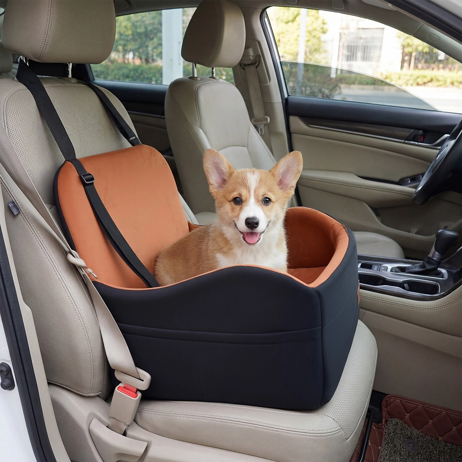 SUGIFT Brown Detachable Dog Booster Car Seat with Safety Leash and Plush Cushion 21-in W 20-in D 18-in H