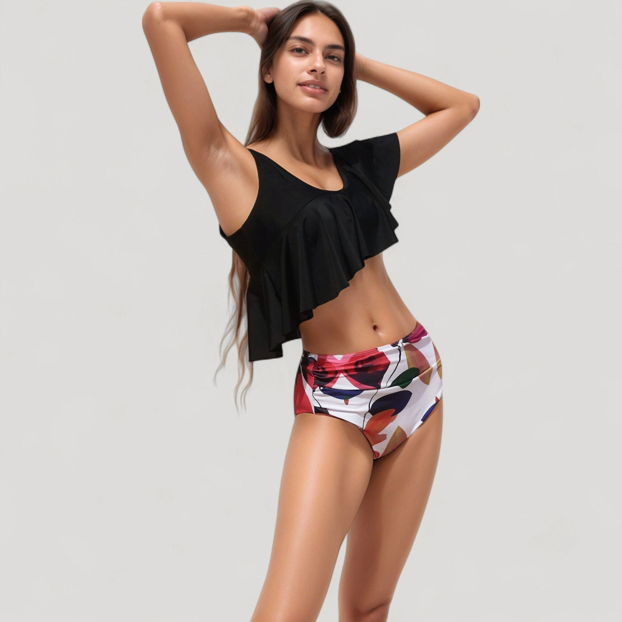 Anna-Kaci Women One-Shoulder Ruffle Bikini, Shirred High-Waist Floral Bottoms