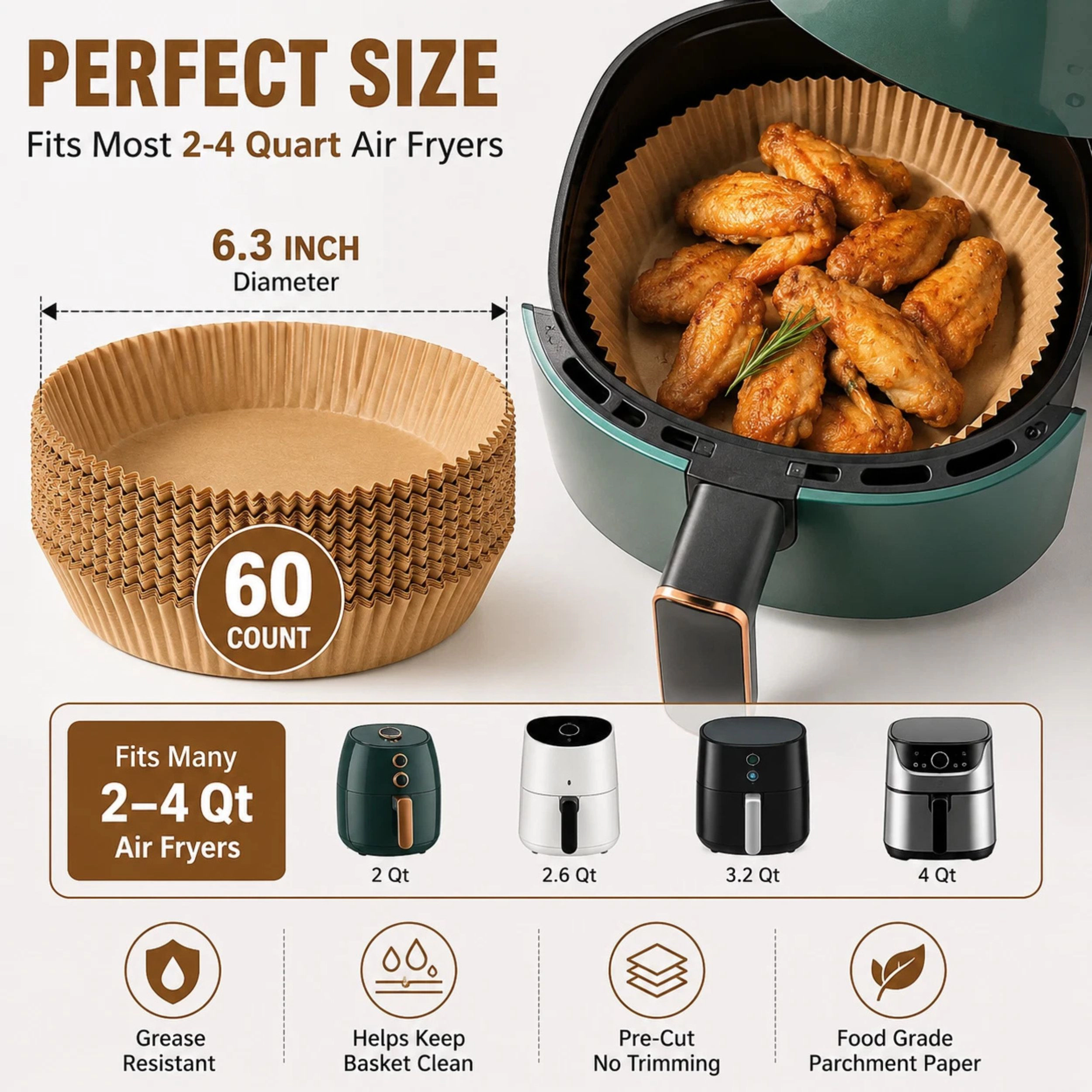 Home Collection Pack of 60 Air Fryer Parchment Paper Liners 6.3 Inch Round Non-Stick