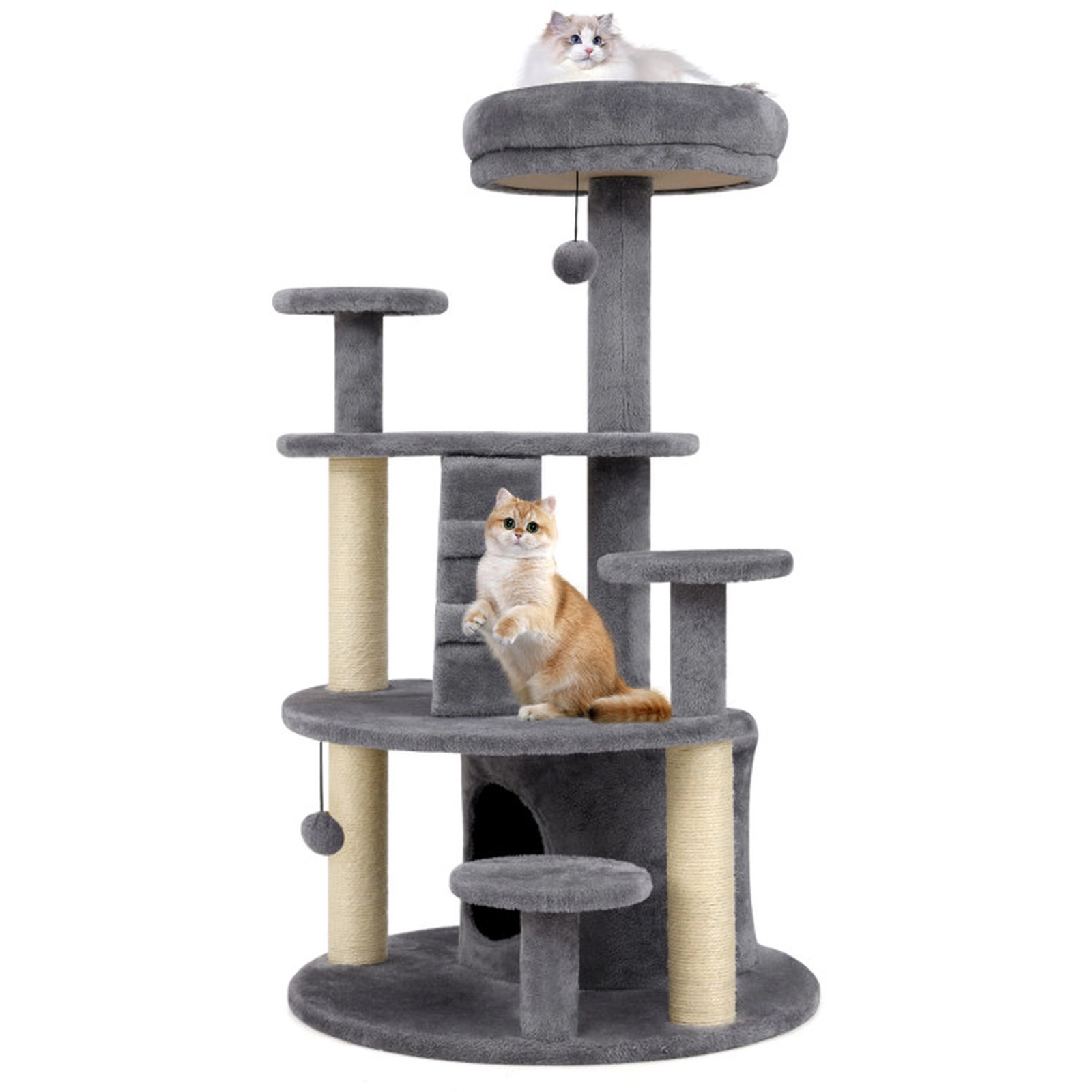 SUGIFT Multi-Level Kitty Tower Cat Tree with Condo, Climbing Ladder and Pompom Toys 33-lb Capacity Beige/Gray