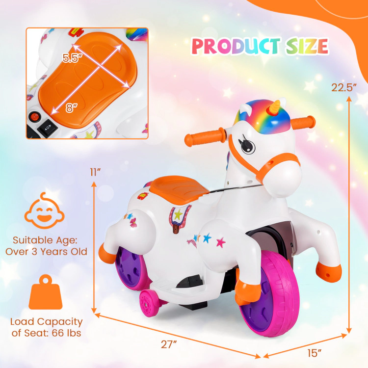Hivvago 12V Unicorn Ride on Toy with Training Wheels and Horse Riding Mode