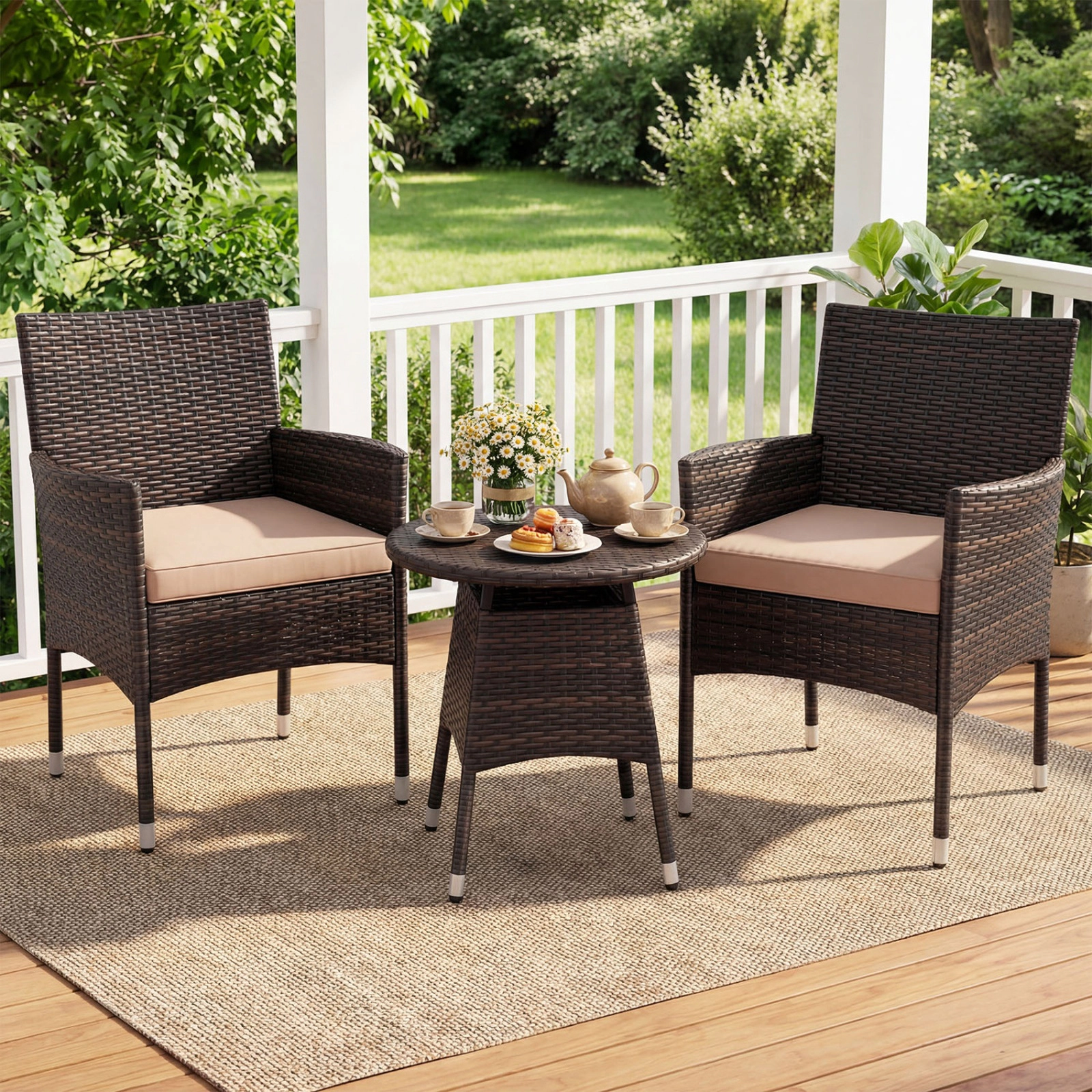 SUGIFT 3-Piece Brown PE Wicker Patio Bistro Set, Reclining Chairs and Round Side Table
