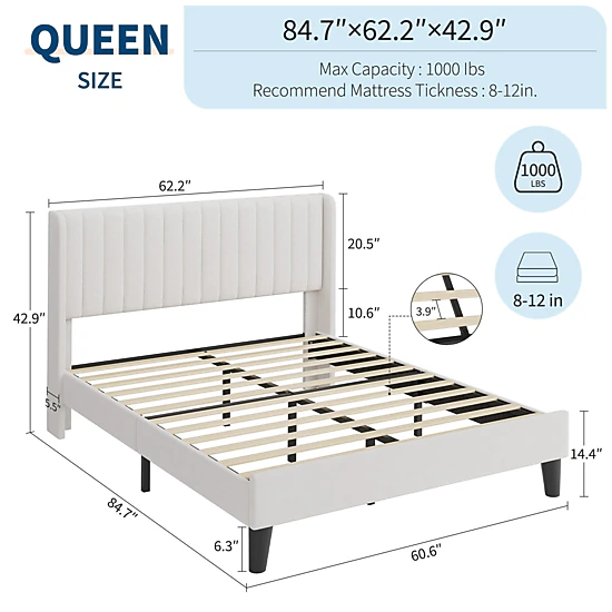 BebreezChic Bed Frame with Velvet Wingback Headboard, Vertical Tufting, No Box Spring