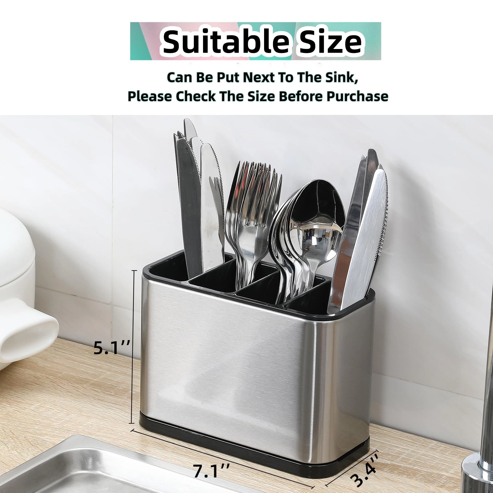 WZK Stainless Steel 4 Divided Compartment Flatware Kitchen Utensil Holder