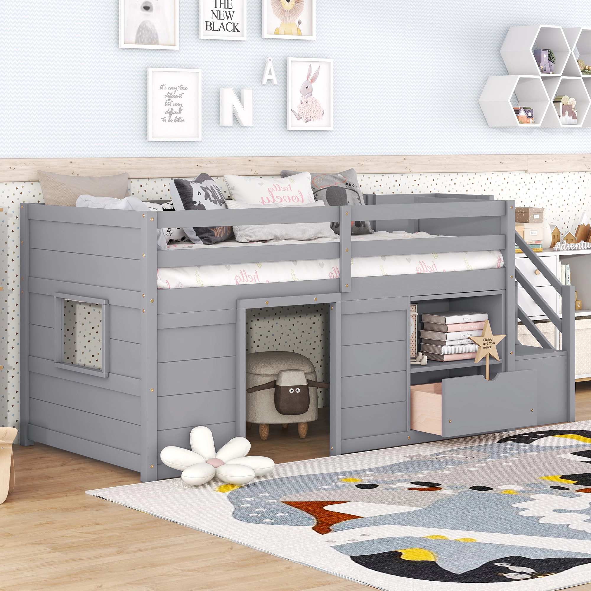 Flynama Twin Low Loft Bed, Solid Wood with Stair, Drawer & Shelf, Grey