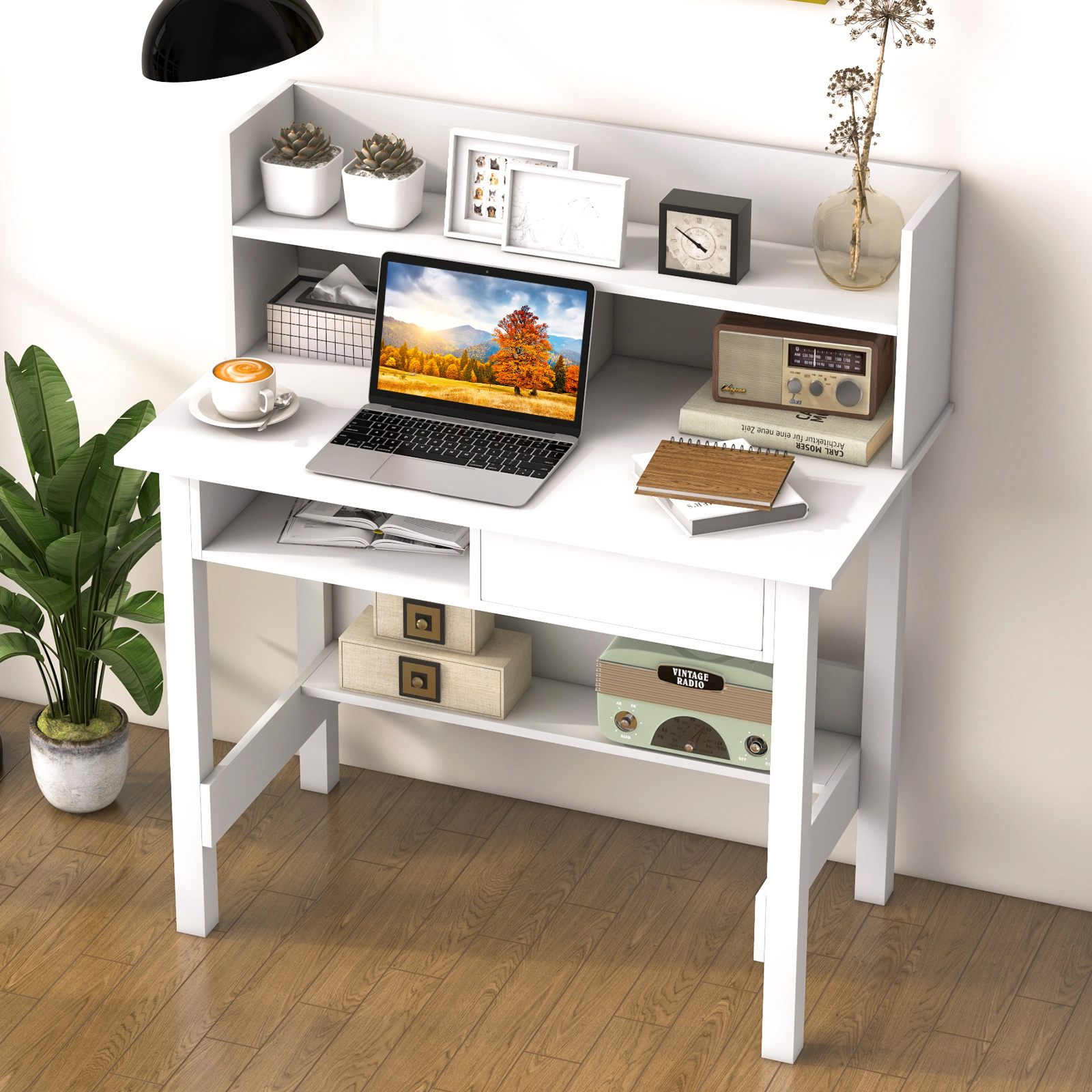 SUGIFT 37.5-Inch White Home Office Desk with Hutch, Drawer, Guardrail and USB Power Outlet