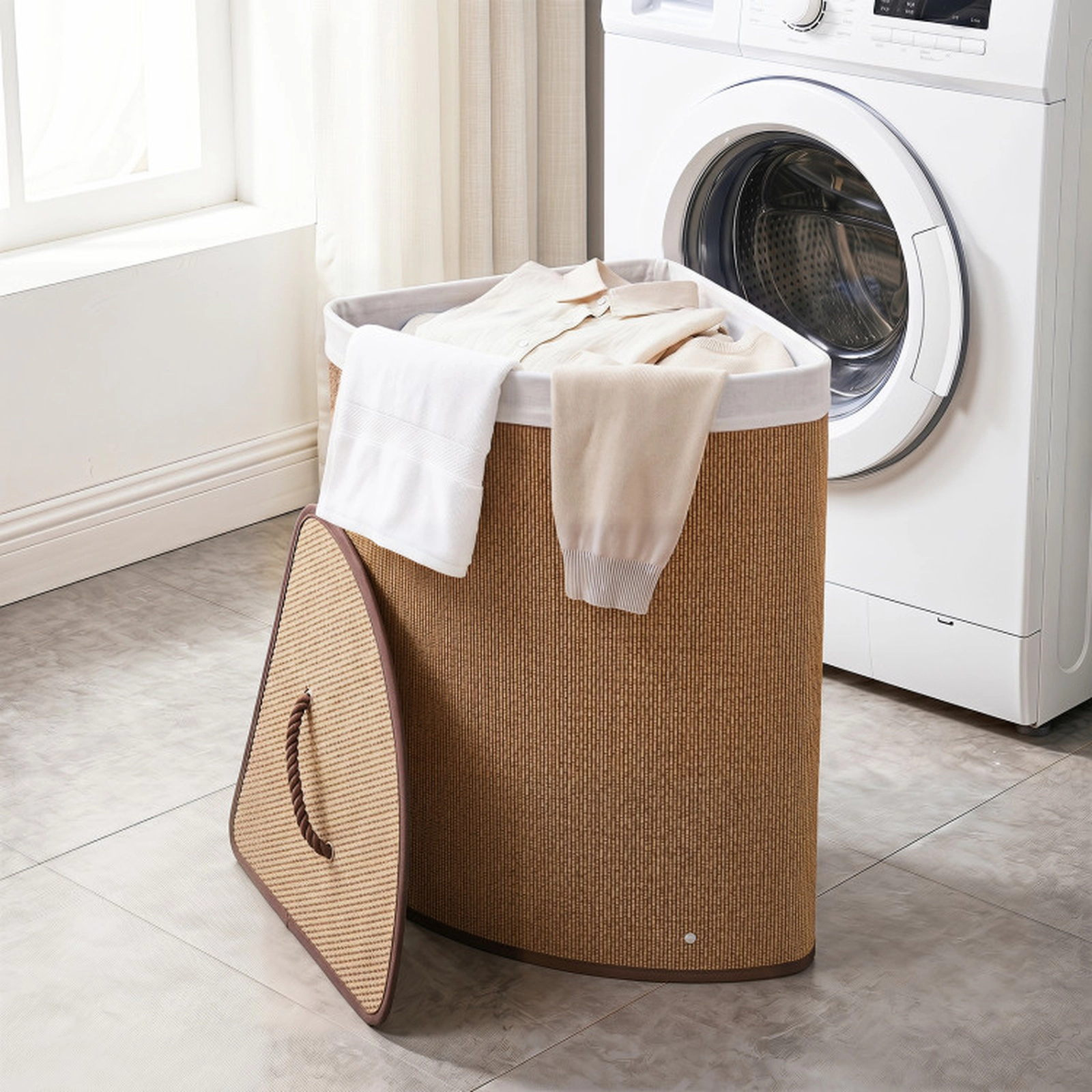 SUGIFT 15 Gal Bamboo Corner Laundry Hamper with Cotton Liner and Lid