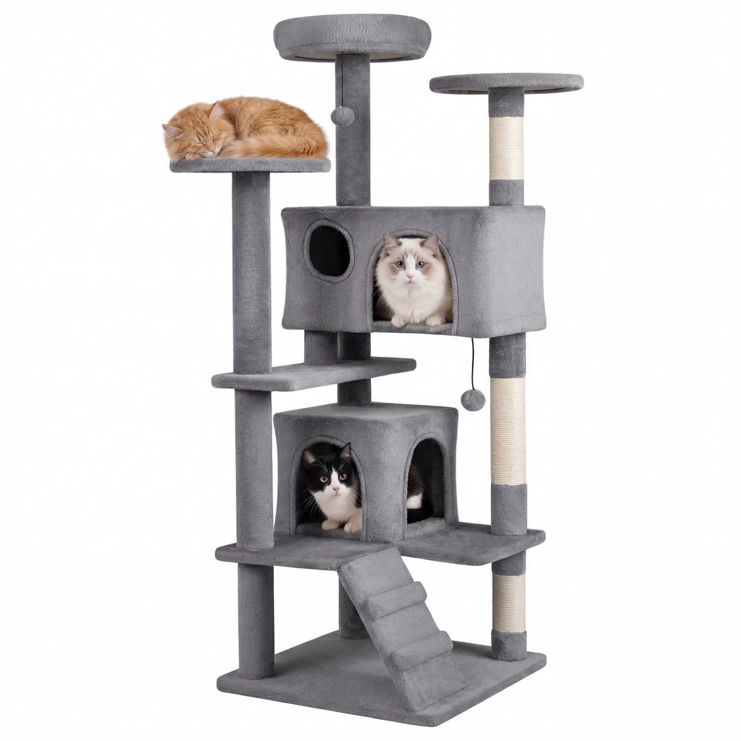 SUGIFT Light Gray 52 in Tall Cat Tree with 2-Door Cave and Round Platforms
