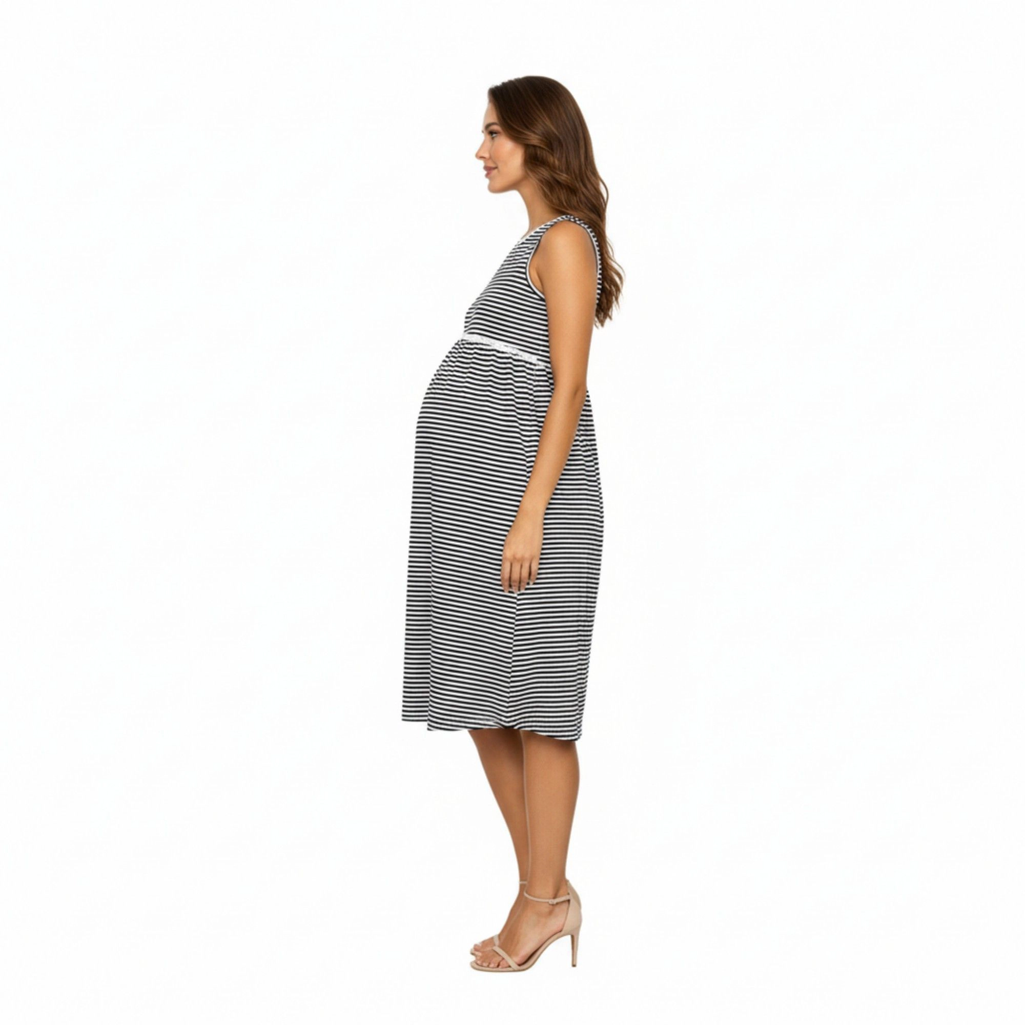 Anna-Kaci Women's Maternity Sleeveless Stripe Soft Stretch Knit Fabric Flattering Empire Waist Midi Dress
