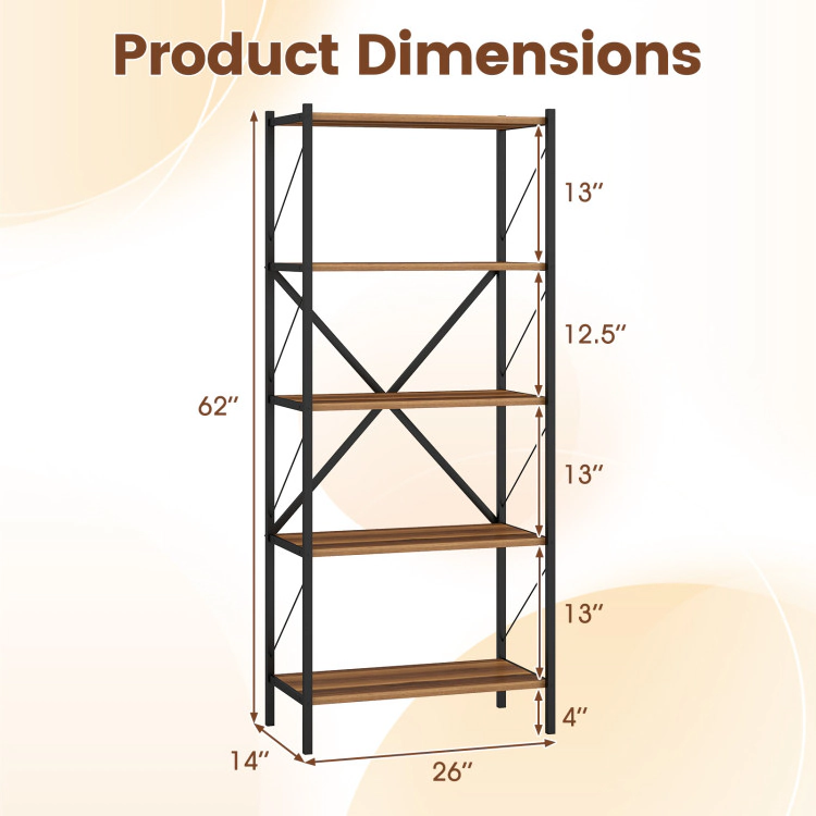 Hivvago 5-Tier Tall Bookshelf Industrial Bookcase with Heavy-Duty Metal Frame Modern Storage