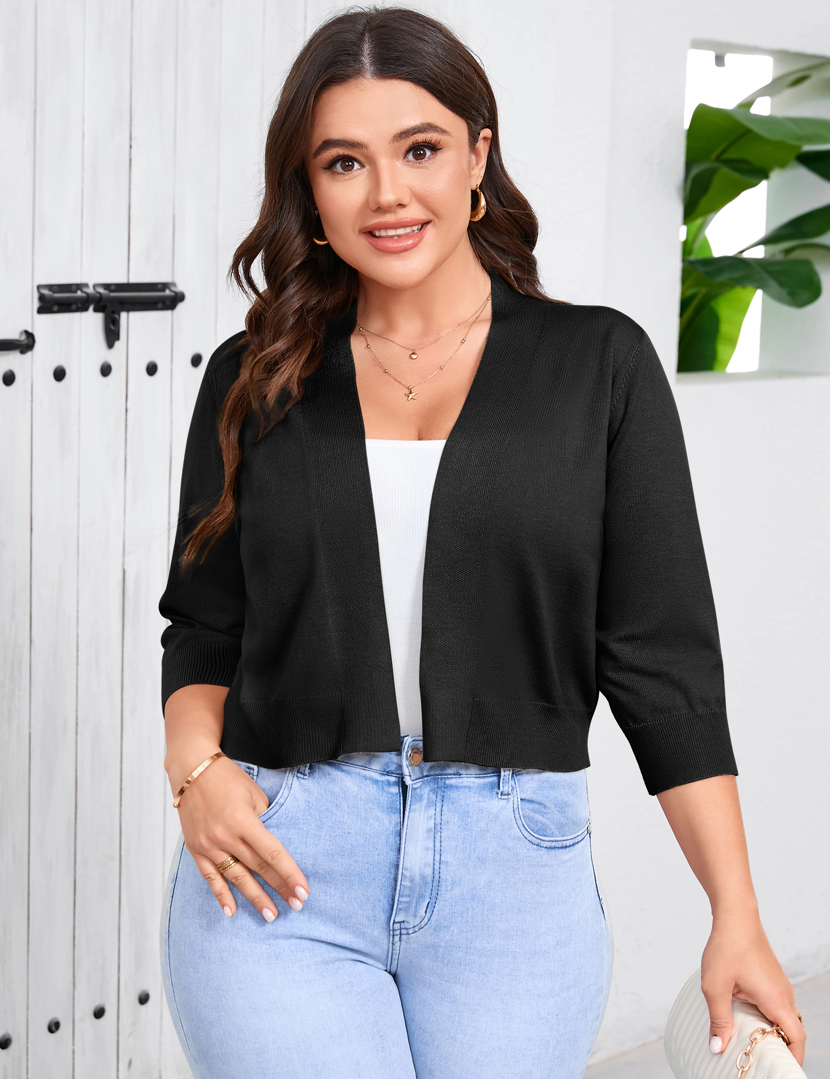KOJOOIN Women's Plus Shrugs 3/4 Sleeve Cropped Cardigan Lightweight Knit Sweaters Bolero