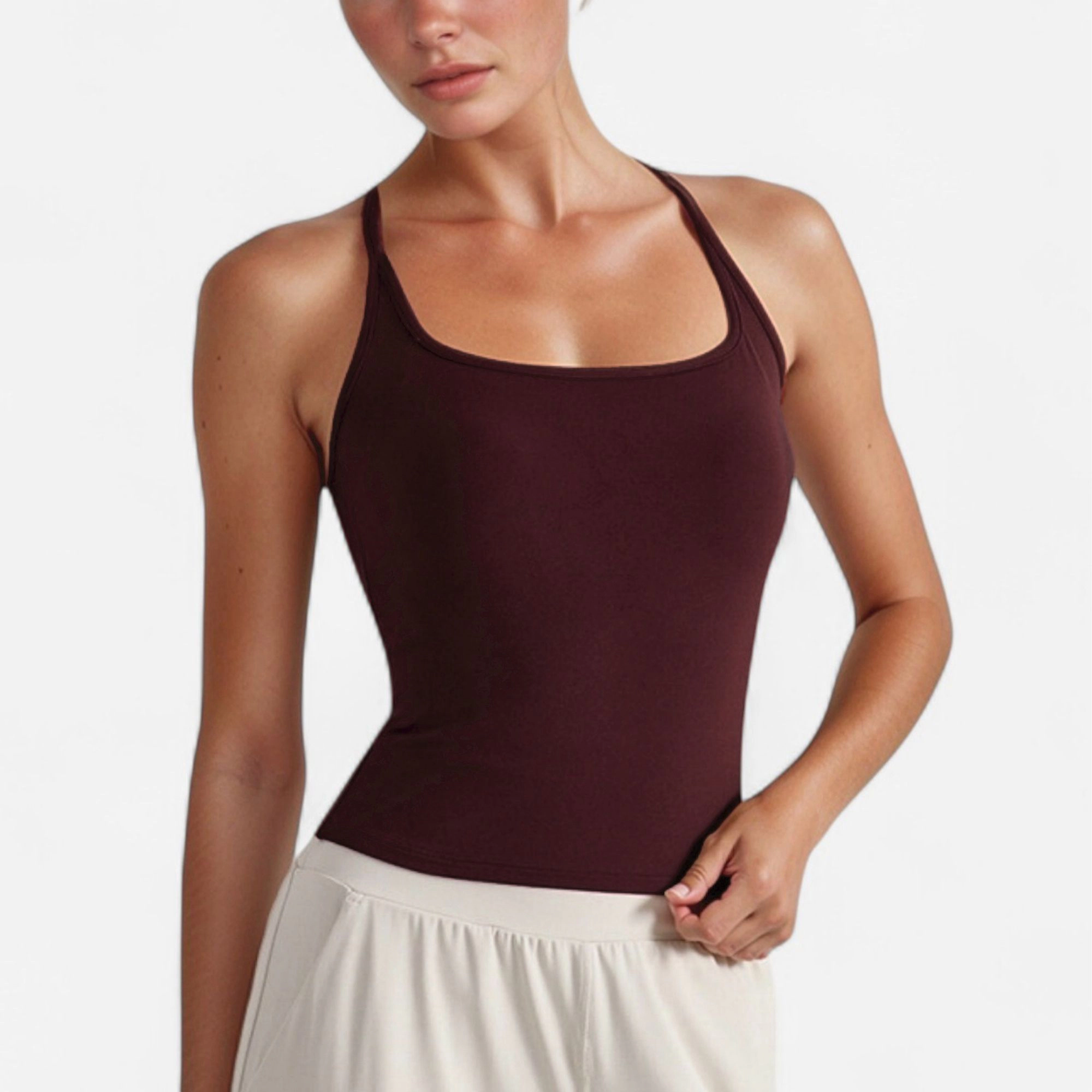 Anna-Kaci Women's Fitted Square Neck Tank Top with Built-In Bra and Racerback Design for Active Casual Comfort