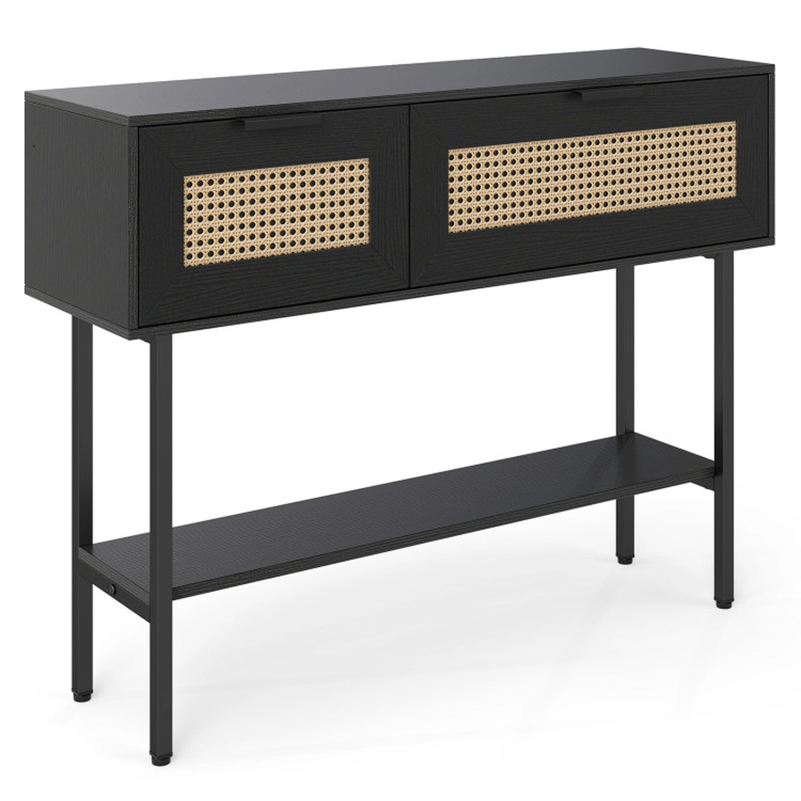SUGIFT PE Rattan 2 Cabinets Open Shelf Carbon Steel Frame Console Table 40-in x 12-in x 30-in 90-lb Capacity Black