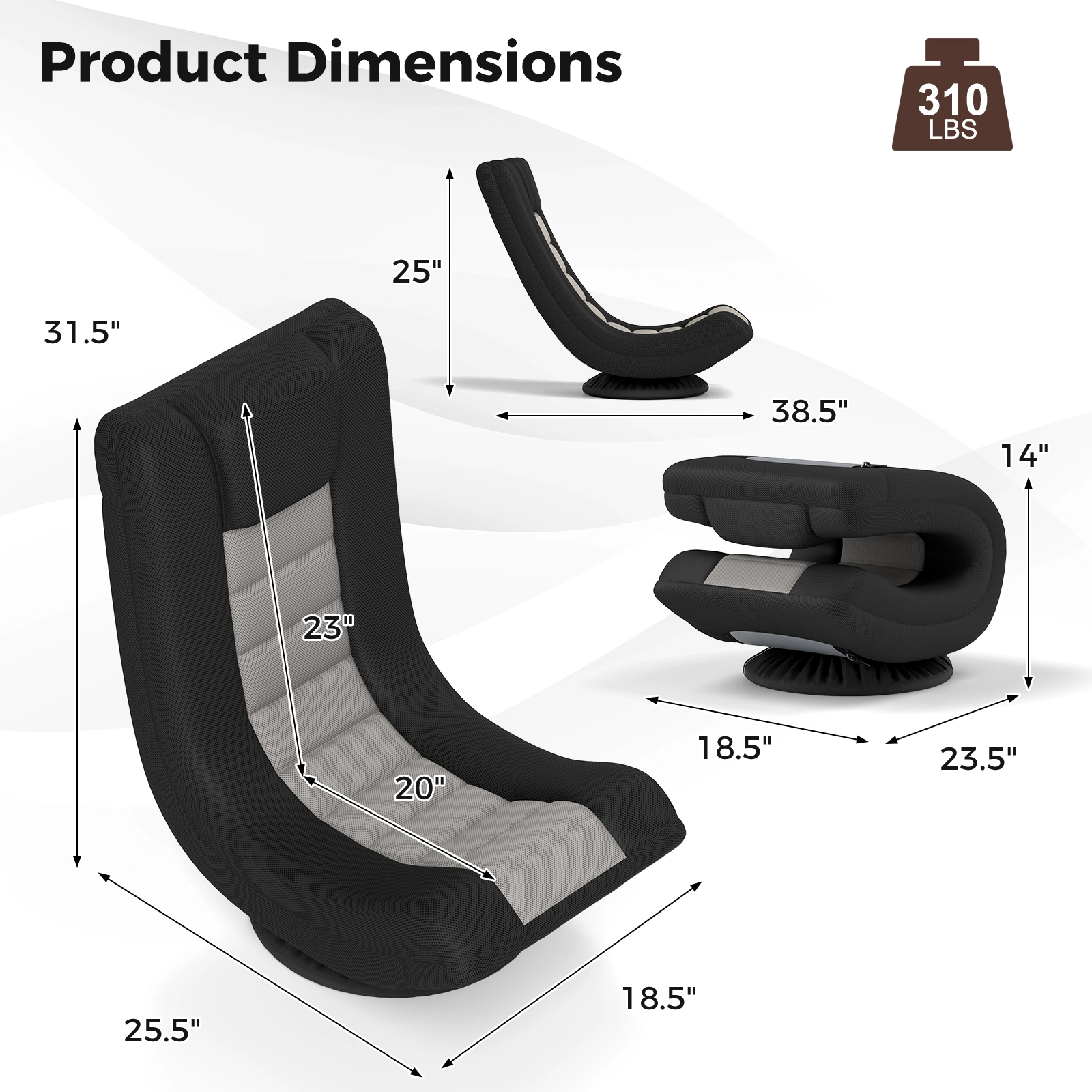 SUGIFT 4-Position Adjustable Swivel Gaming Floor Chair with Foldable Backrest 310-lb Capacity Black and Gray