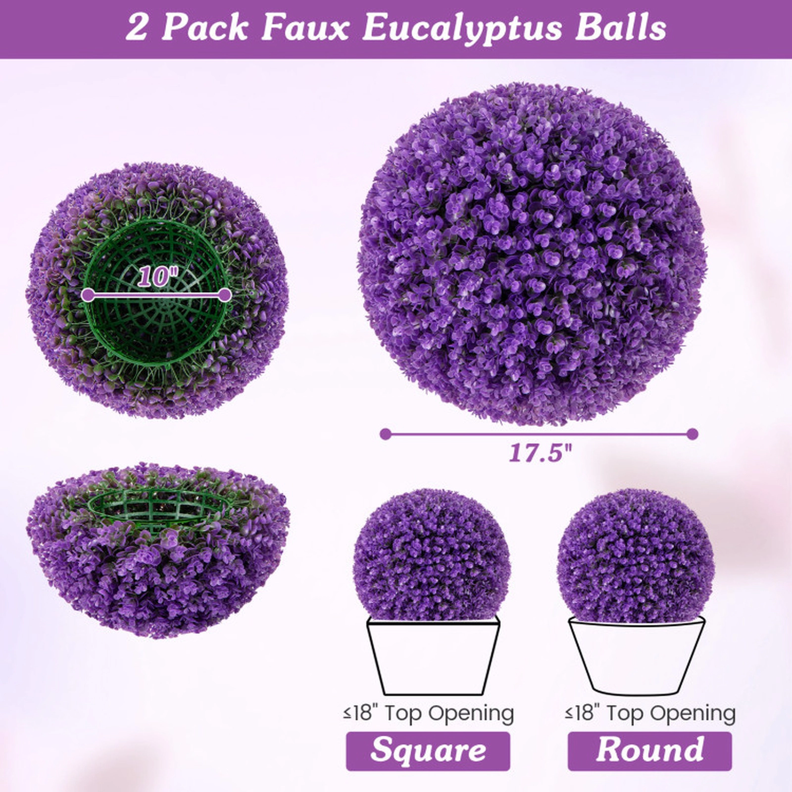 SUGIFT Set of 2 17.5-in Faux Eucalyptus Decorative Balls with 7-Layer Purple Leaves and Clip Setup