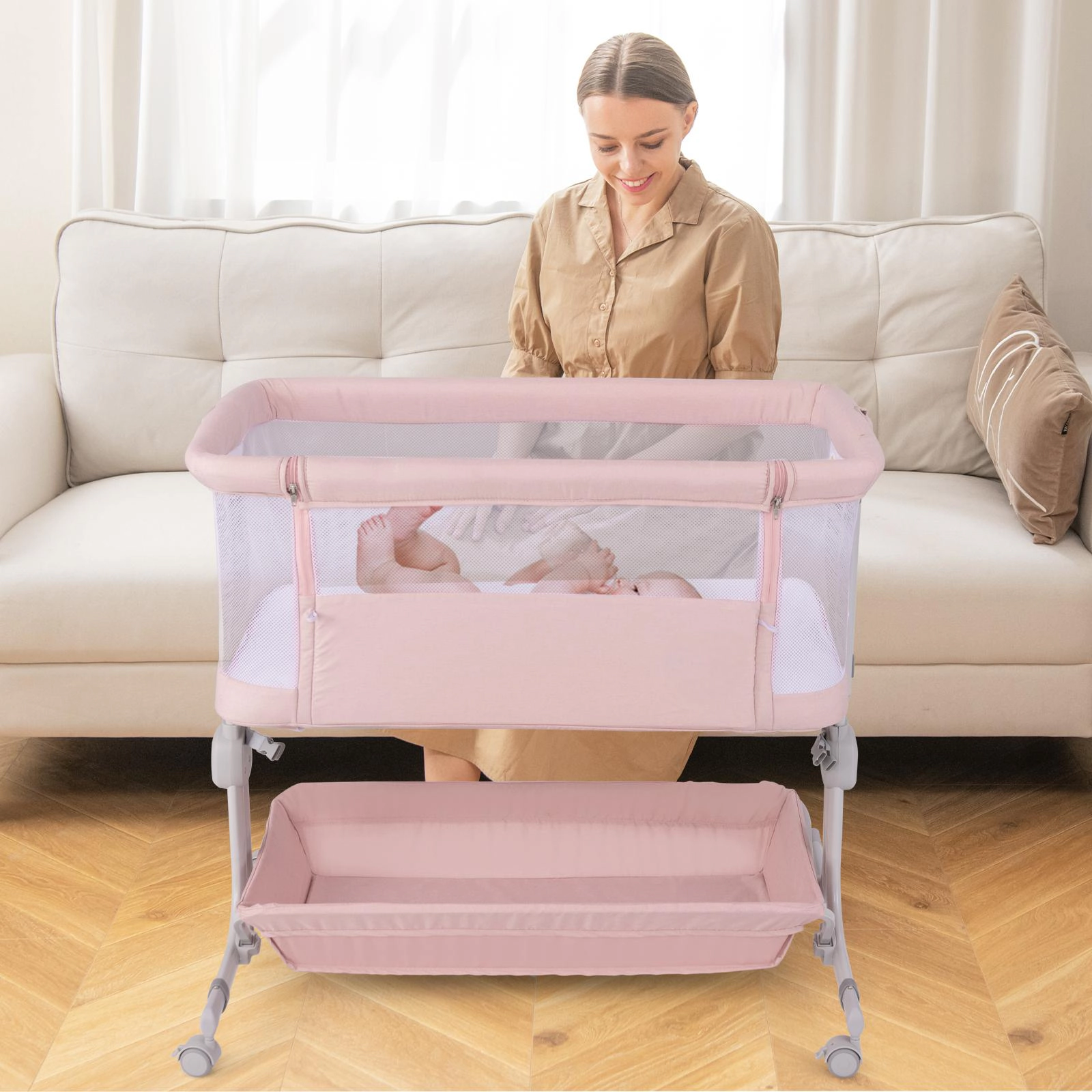 SUGIFT 3-in-1 Baby Bassinet Bedside Sleeper with 6-Level Adjustable Height 20-lb Capacity Ages 0-6 Months Pink