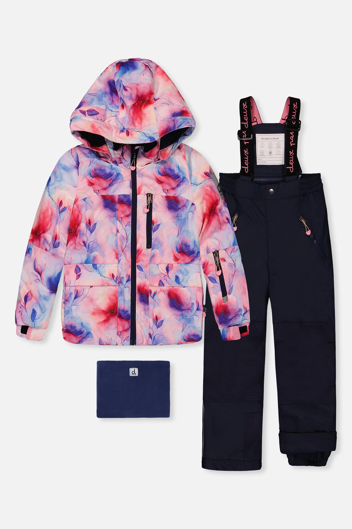 Deux par Girls Watercolor Floral Print Two Piece Play Snowsuit with Hooded Jacket and Snow Pants