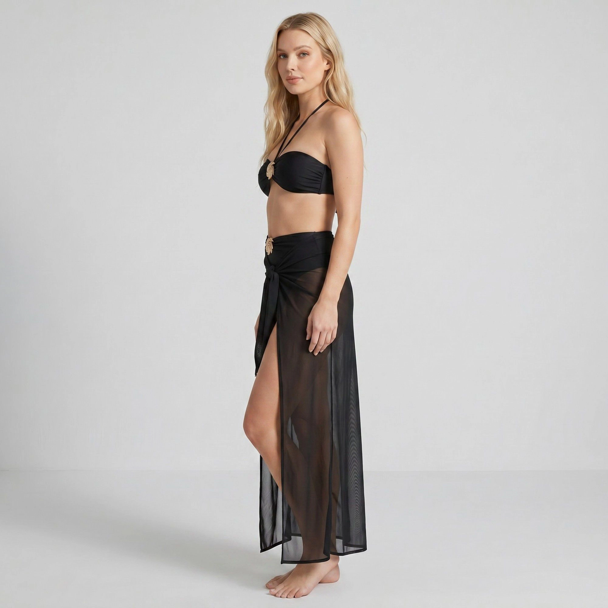 Anna-Kaci Women 3-Piece Bandeau Halter Swim Set high-waist bottoms sheer wrap skirt
