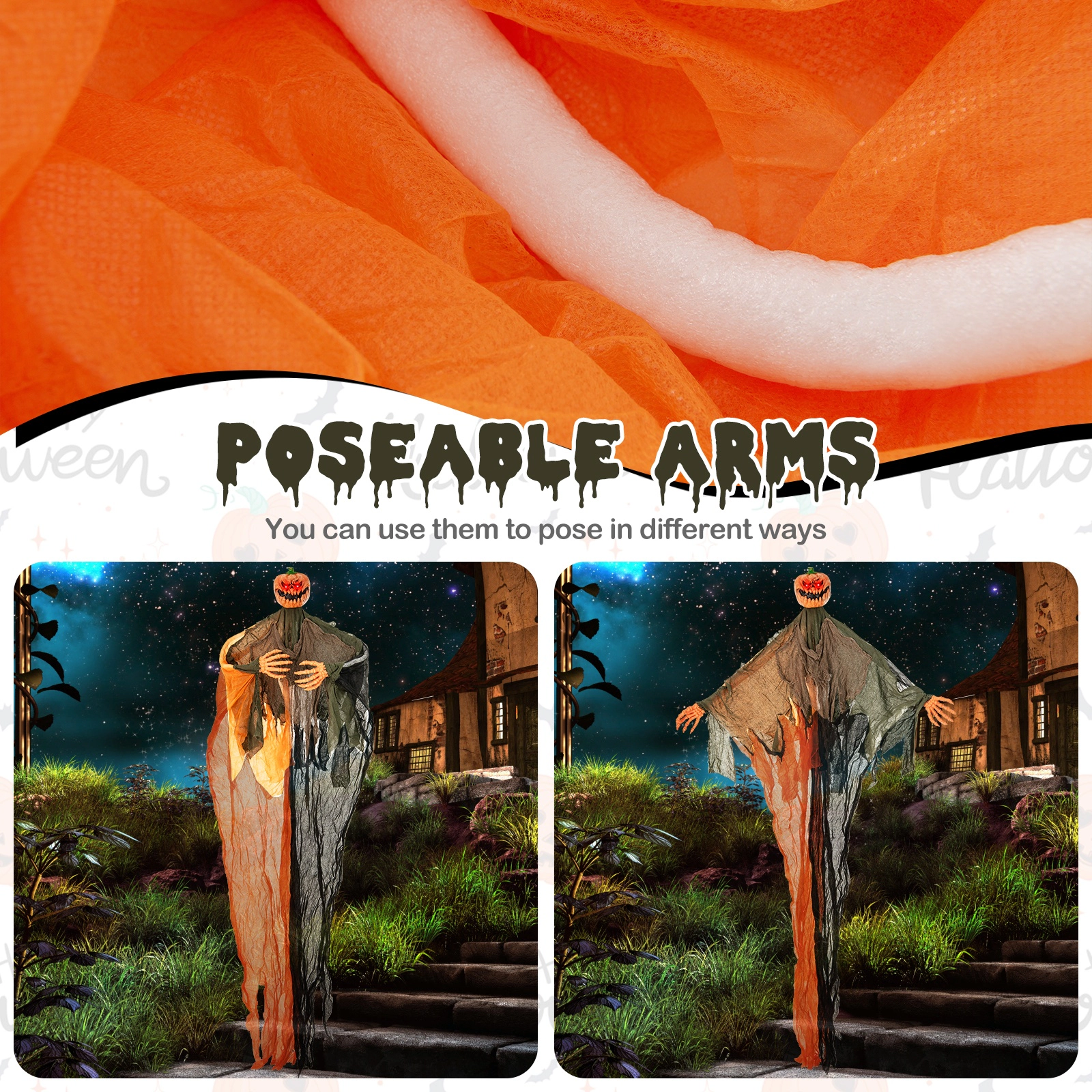 SUGIFT Black and Orange 6-ft Hanging Halloween Pumpkin Ghost Decoration with Red LED Eyes and Poseable Arms