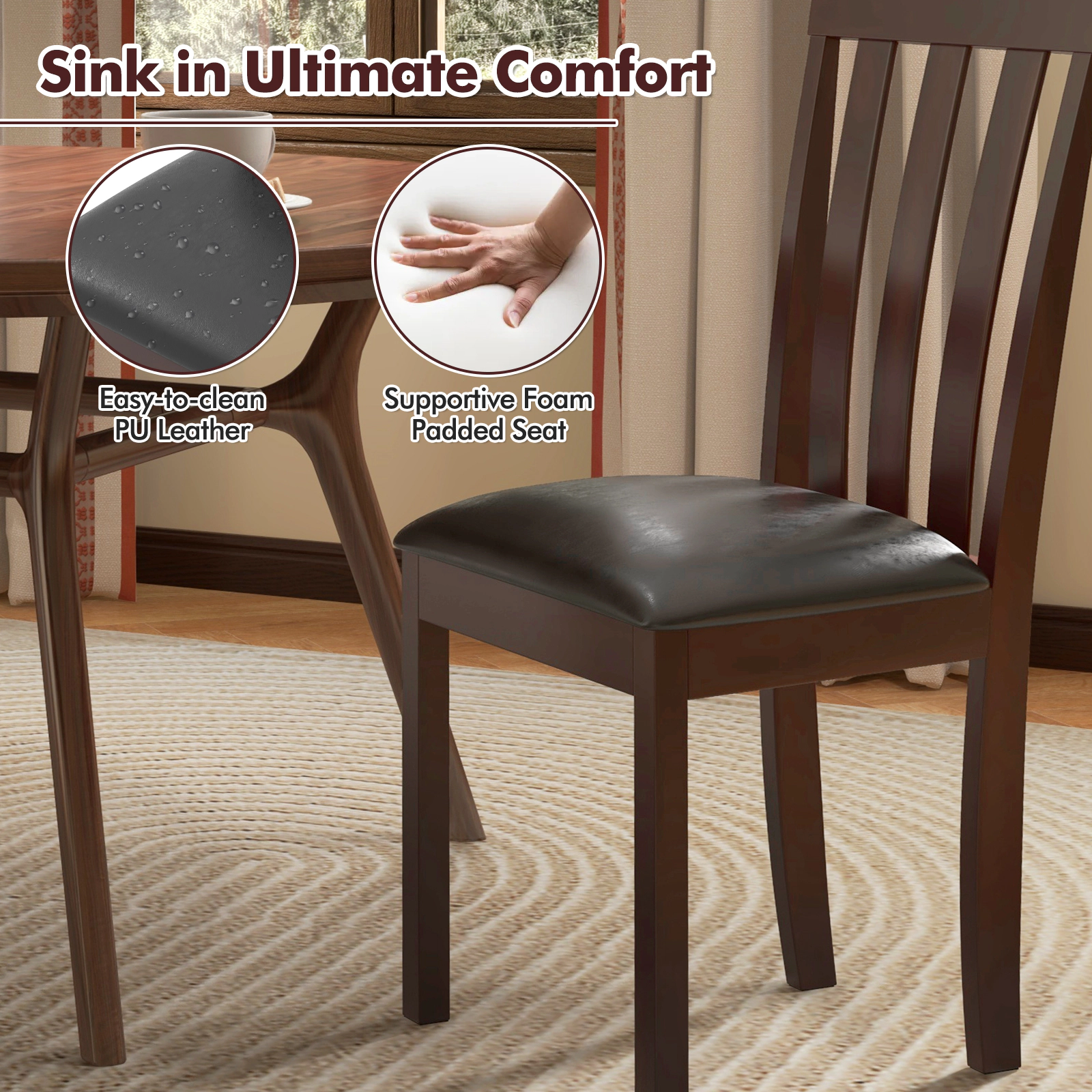 SUGIFT Set of 2 Upholstered Wooden Dining Chairs with Padded Seat 265-Lb Capacity 37.5-in Tall Espresso and Black