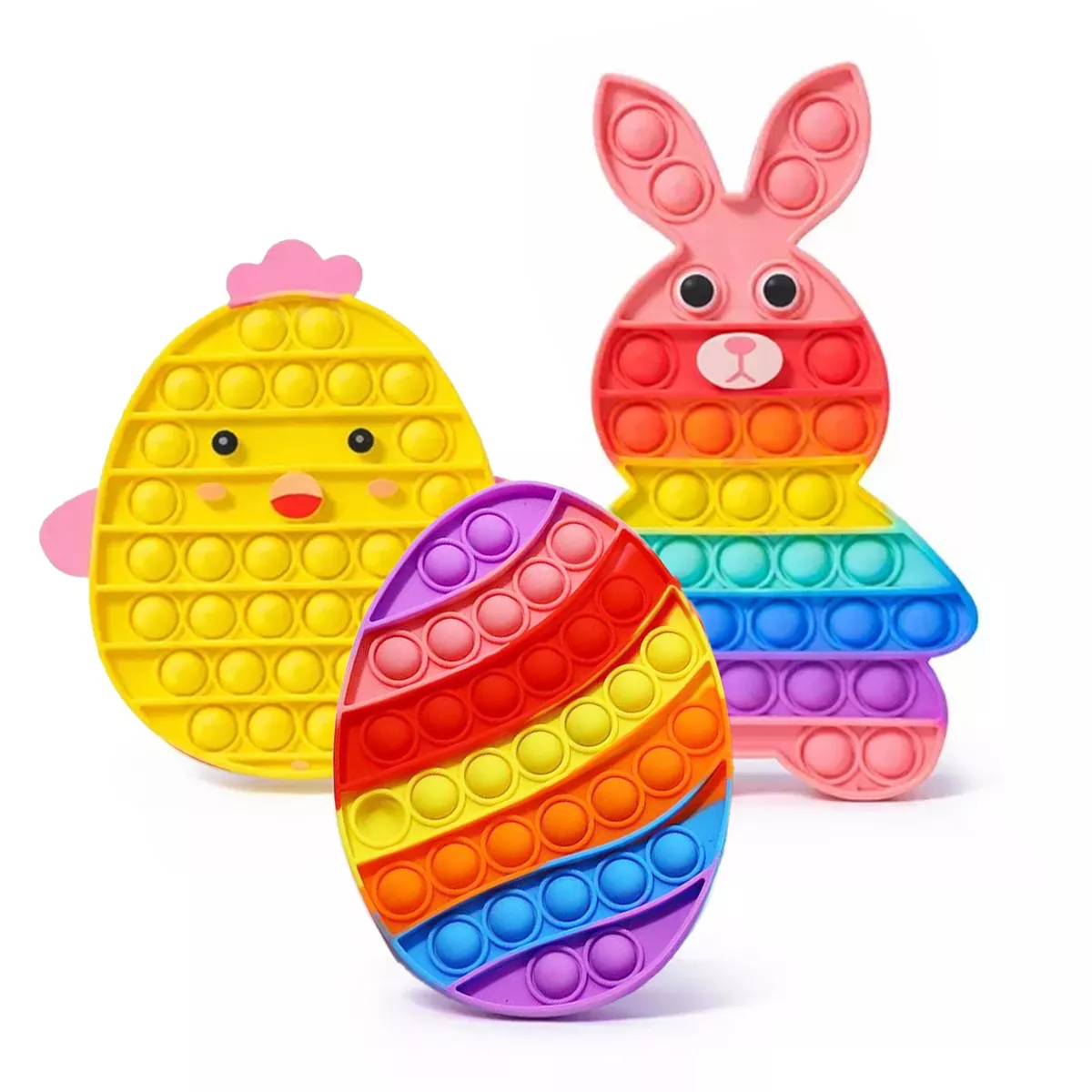 Sperric Easter Pop Toys 3Pk, Rainbow Bunny Chicken & Egg Pop-It Fidget, Stress Relief Sensory Basket Stuffers for Kids
