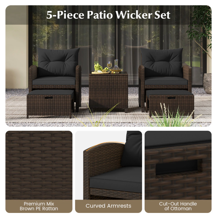 Hivvago 5 Pieces Patio Rattan Furniture With 2 Ottomans And Tempered Glass Coffee Table