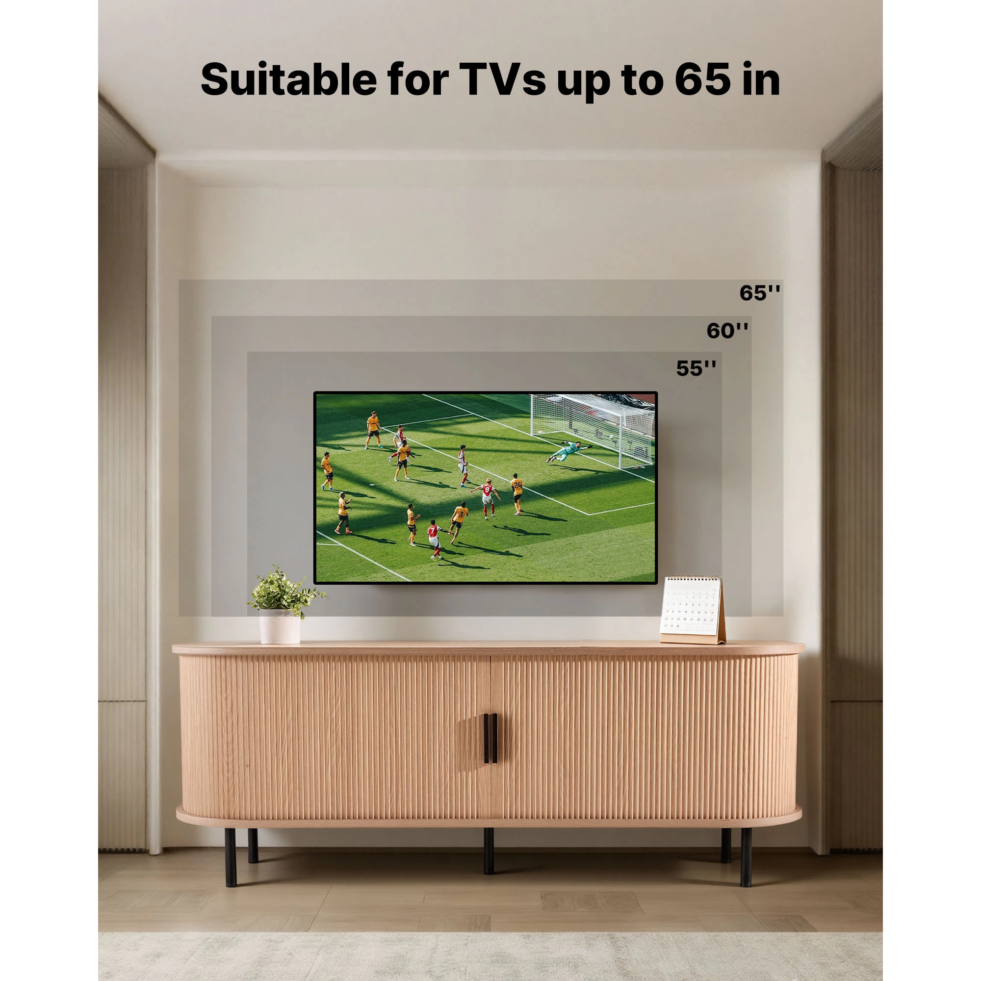 HONGGE Boho Entertainment Center for TVs up to 58 in, 350 lbs Load, with Adjustable Storage Shelves and Rolling Door